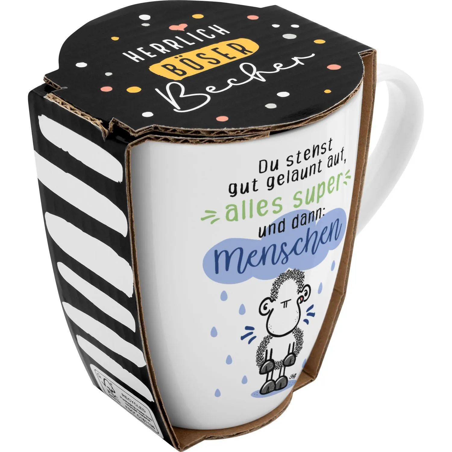 Becher »Menschen« – weiße Porzellantas­se mit Schäfchen-Motiv und Spruch, Geschenkbox.