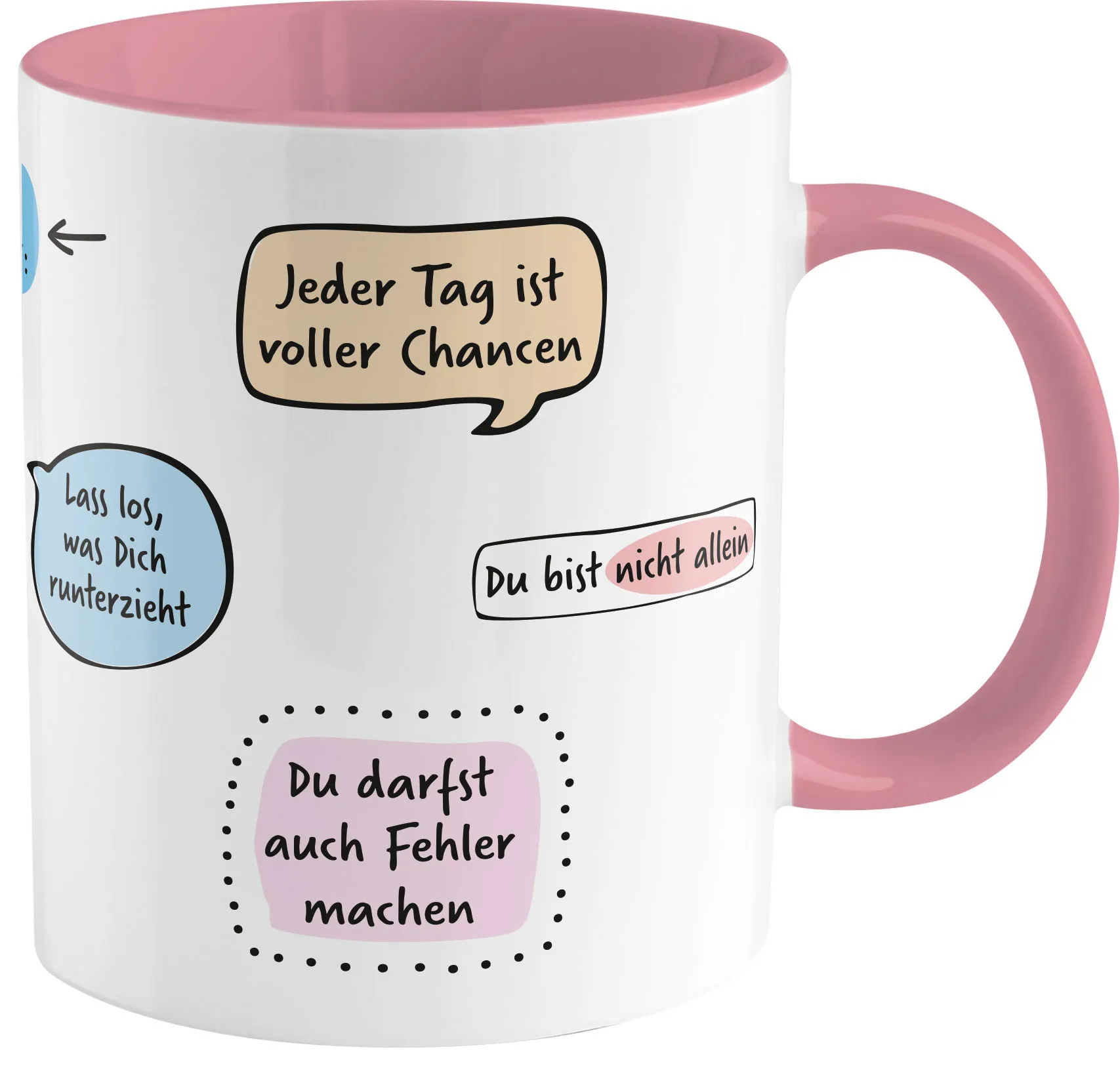 Weiße Porzellans-Tasse mit pinkem Griff, pinkem Innenraum und bunten Sprechblasenmotiven.