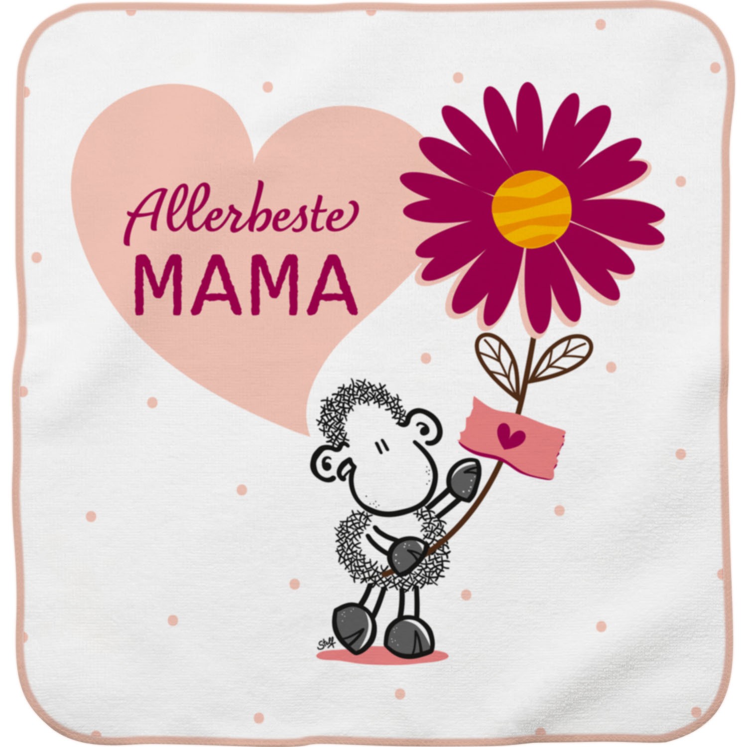 Magic Towel »Allerbeste Mama« – Handtuch in Blumenform mit Schäfchen-Motiv und Herzdetail.