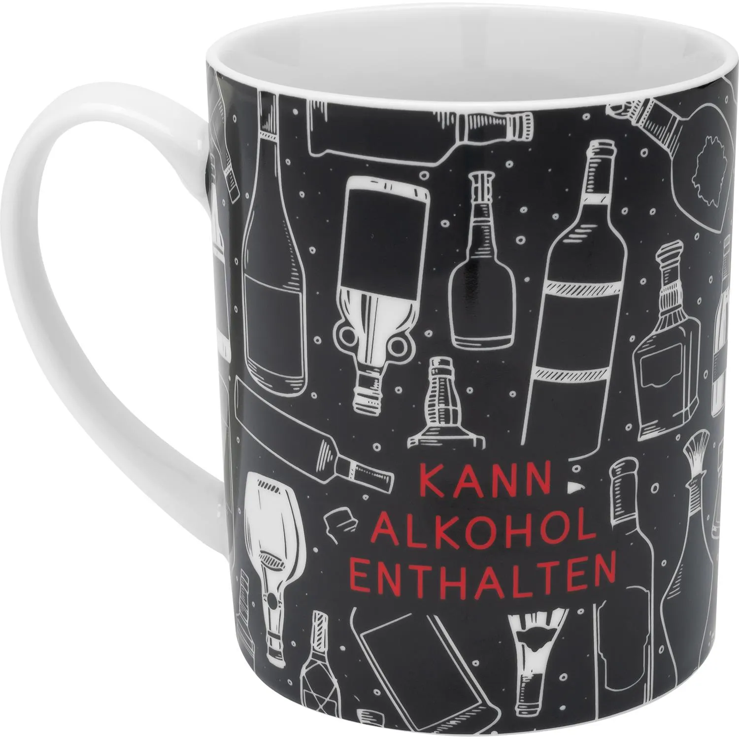 XL-Tasse mit Flaschen- und Gläser-Skizzen, roter Hinweistext 'Kann Alkohol enthalten'