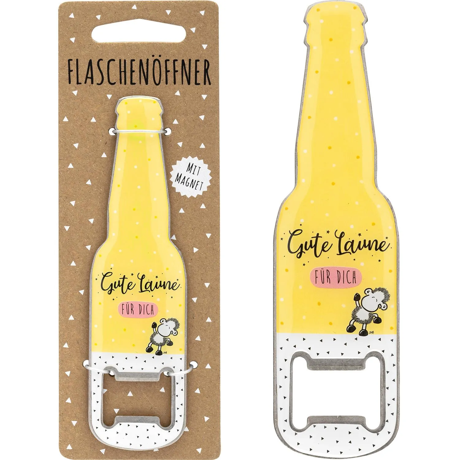 Gelber Flaschenöffner in Flaschenform mit Magnet und Motiv 'Gute Laune für Dich' – ideal für die beste Freundin.