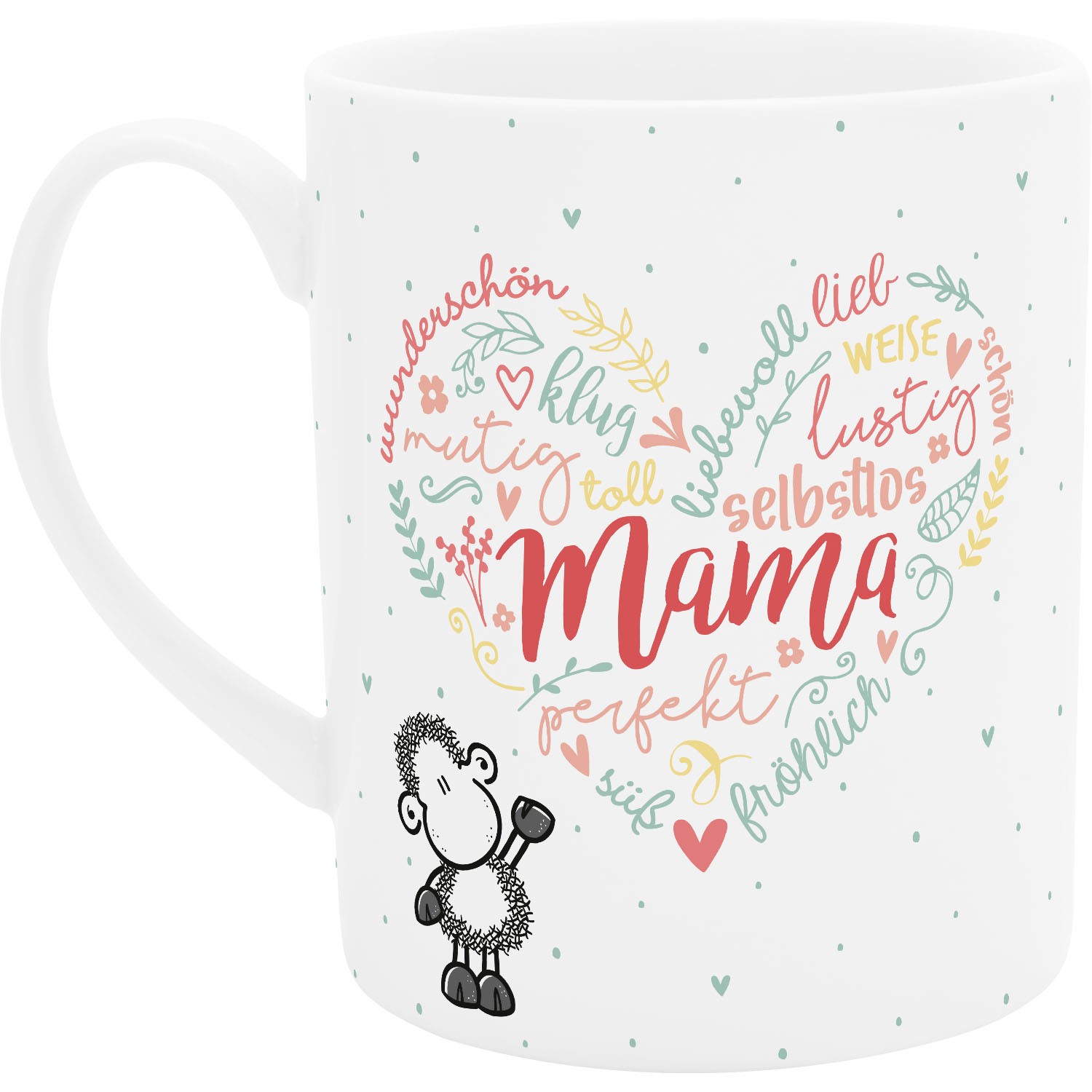 XL-Tasse mit Mama-Motiv in Pastellfarben und Schaf-Illustration auf weißem Porzellan.