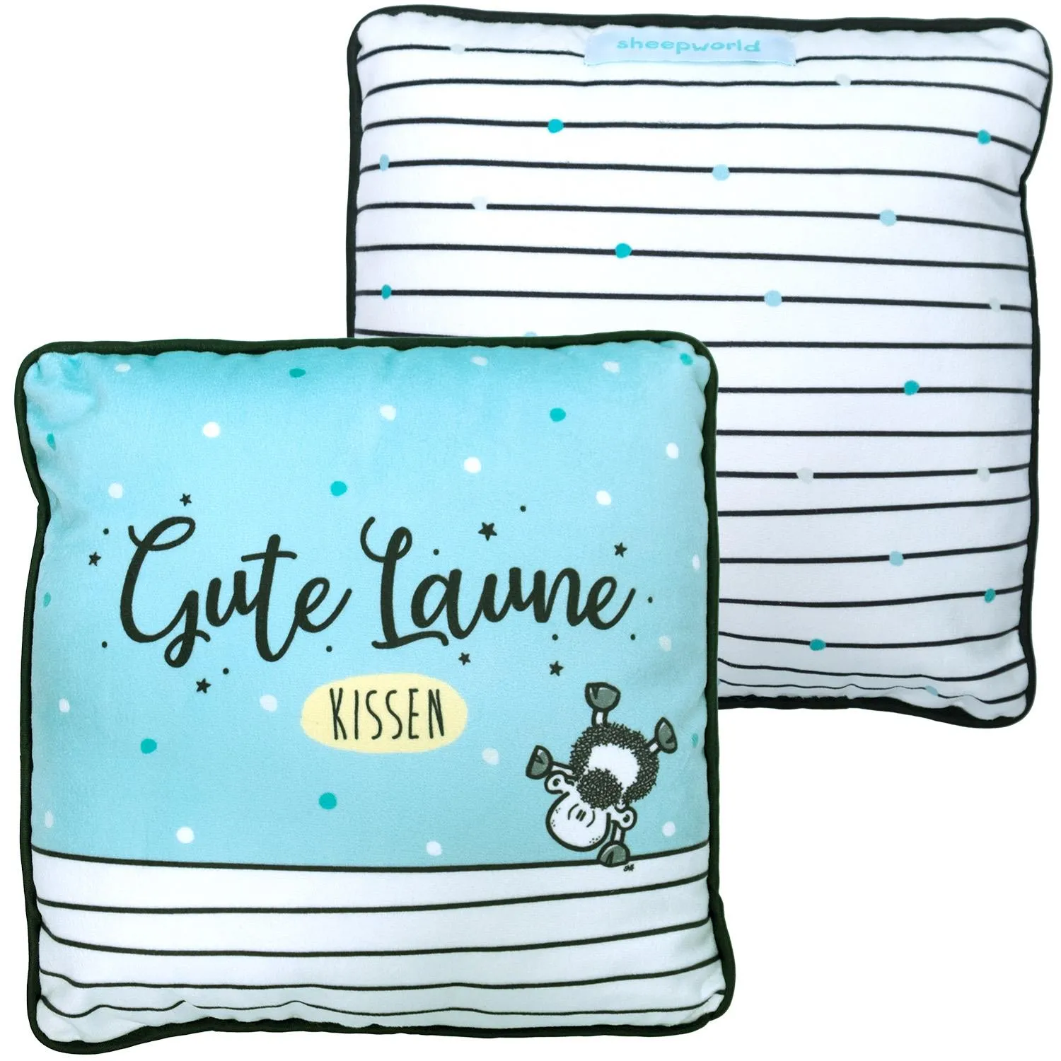 Kuschelkissen mit Gute-Laune-Schaf-Motiv, 25x25 cm, Vorderseite türkis, Rückseite gestreift