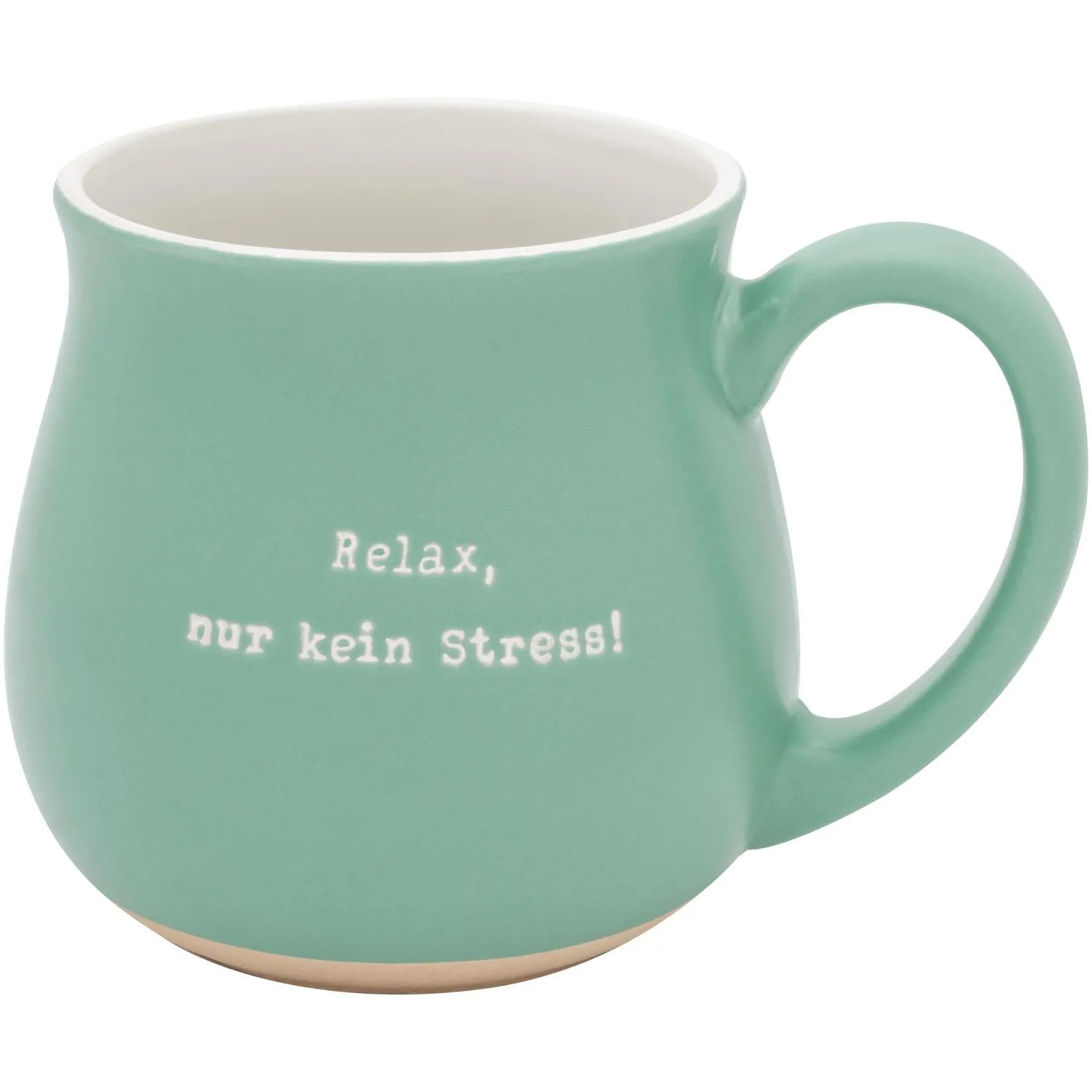 Bauchige Steinzeug-Tasse in Mintgrün, Innenraum Weiß, Spruch Relax, nur kein Stress!