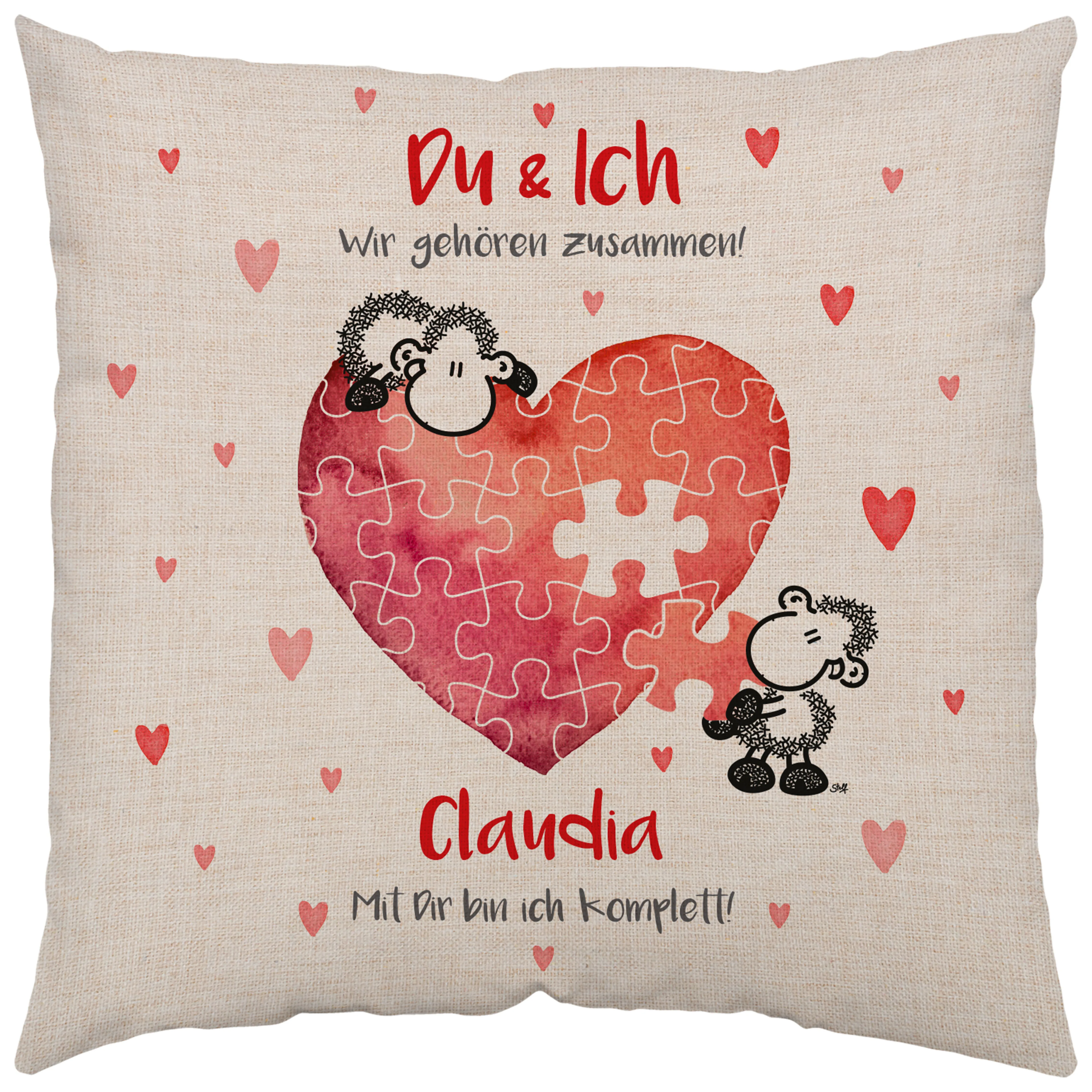 Personalisierbares Canvas-Kissen mit Herz-Puzzle-Motiv und Namen – Valentinstag-Geschenk