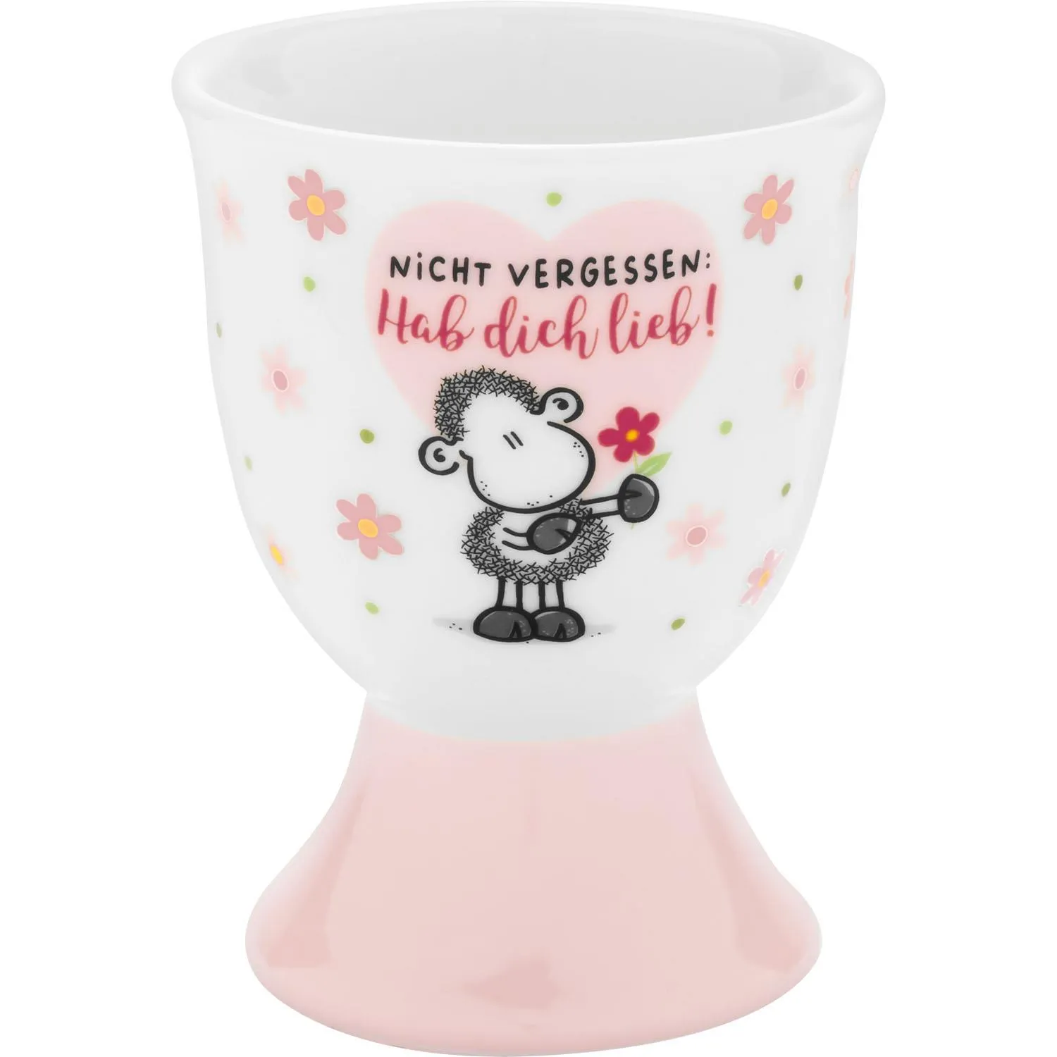 Porzellan-Eierbecher-Set mit Schaf-Motiv und Herz-Spruch 'Nicht vergessen: Hab dich lieb!' auf weiß-pinker Basis.