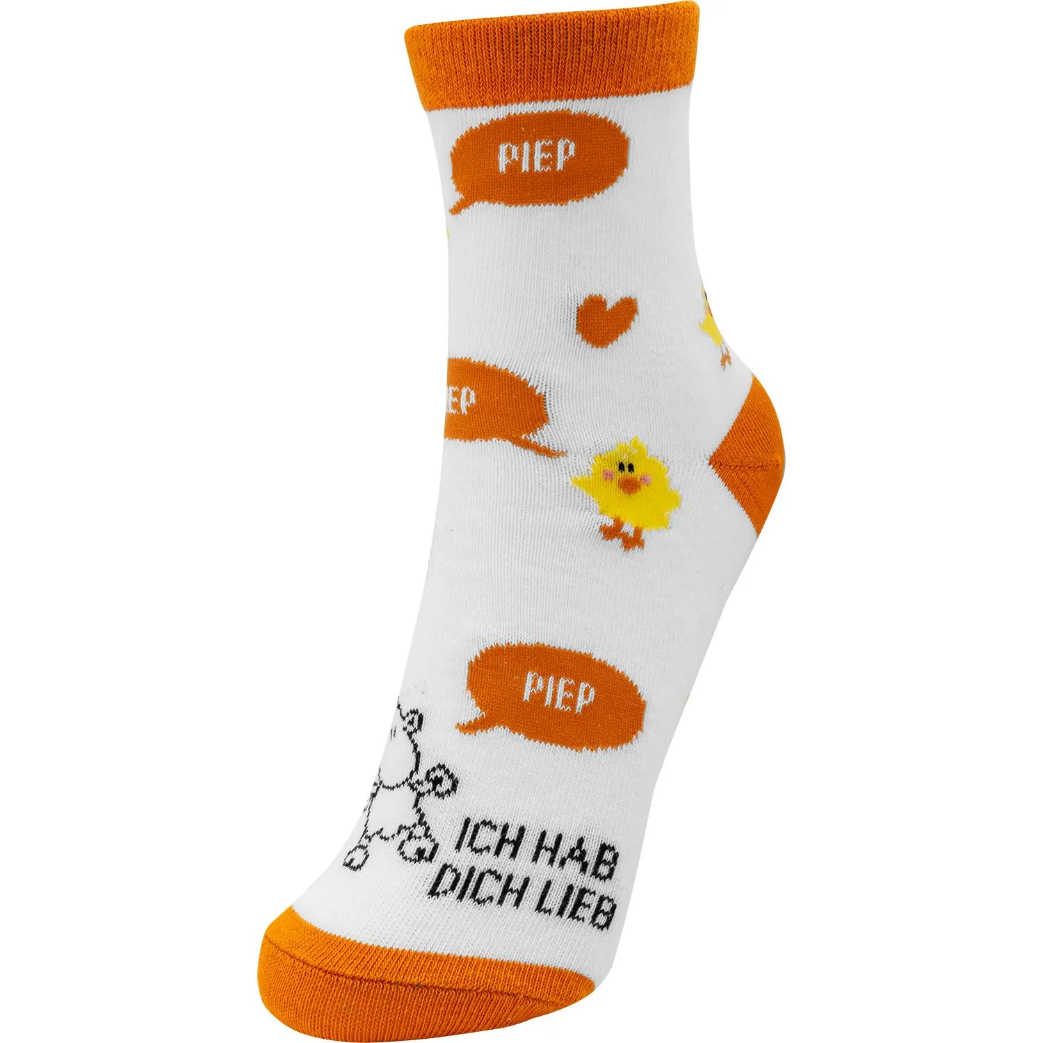 Weiße Socke mit orangefarbenen Akzenten, Gelb-Küken-Motiv und PIEP-Sprechblasen