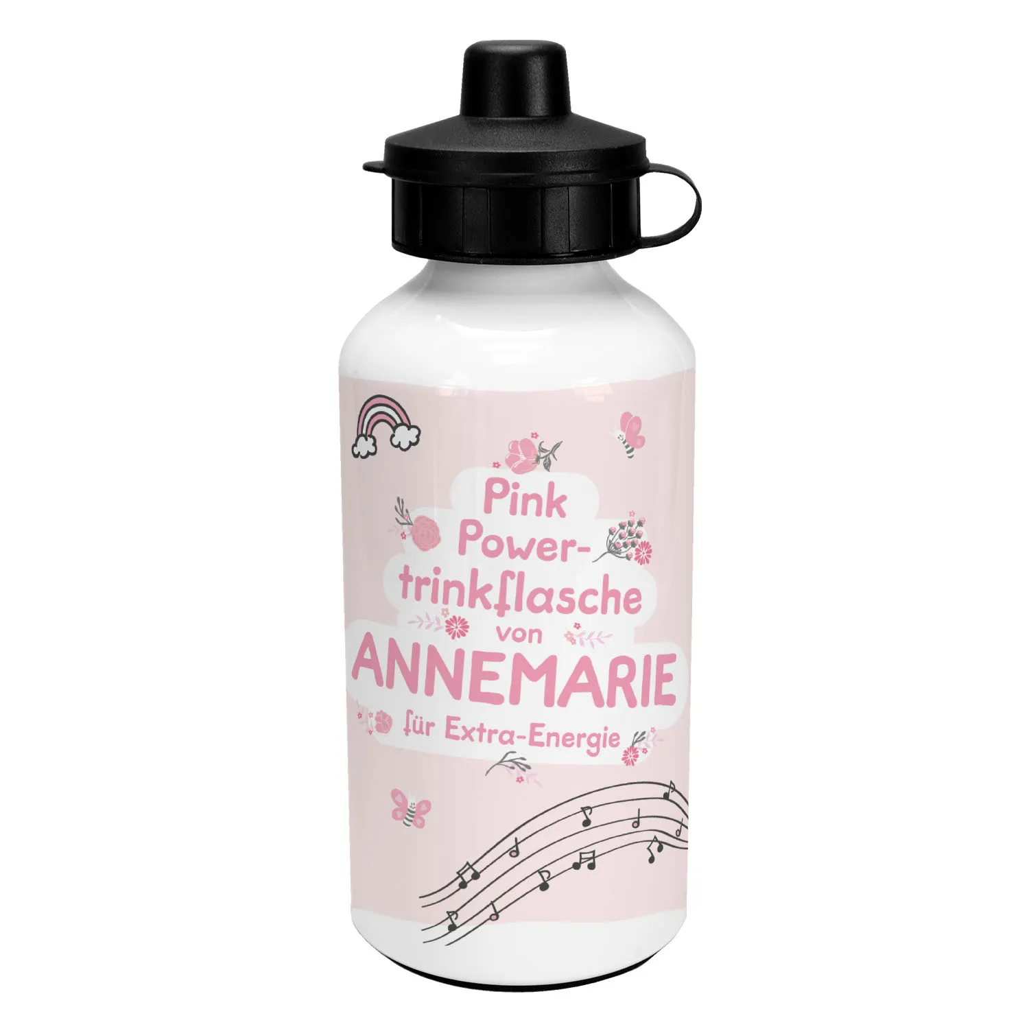 Weiße Alu-Trinkflasche für Mädchen mit pinkem Aufdruck und Namensdruck, 500 ml.