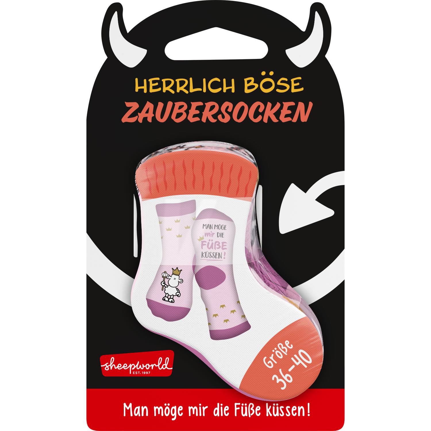 Zaubersocken »Füße küssen« in Pastellrosa mit Spruchdruck und Schäfchenmotiv.