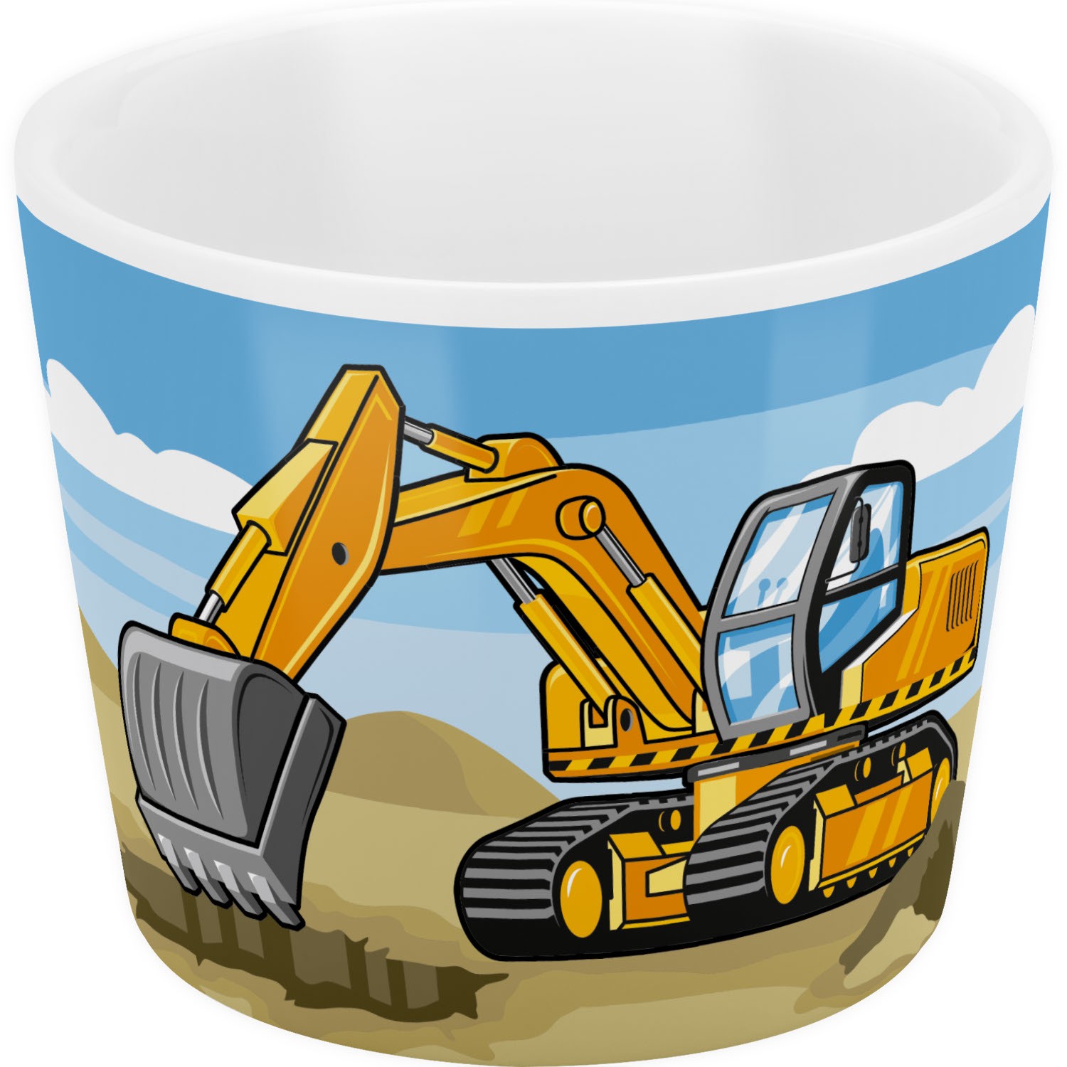 Eierbecher mit gelbem Bagger-Motiv auf Baustellen-Hintergrund