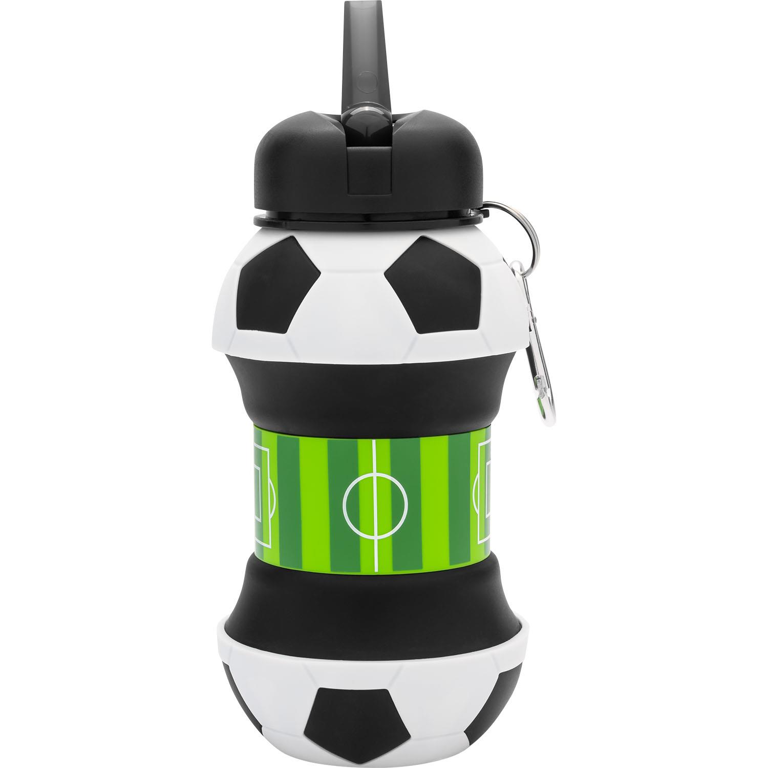 Trinkflasche im Fußball-Design mit Schwarz-Weiß-Panzerung und grünem Spielfeldband