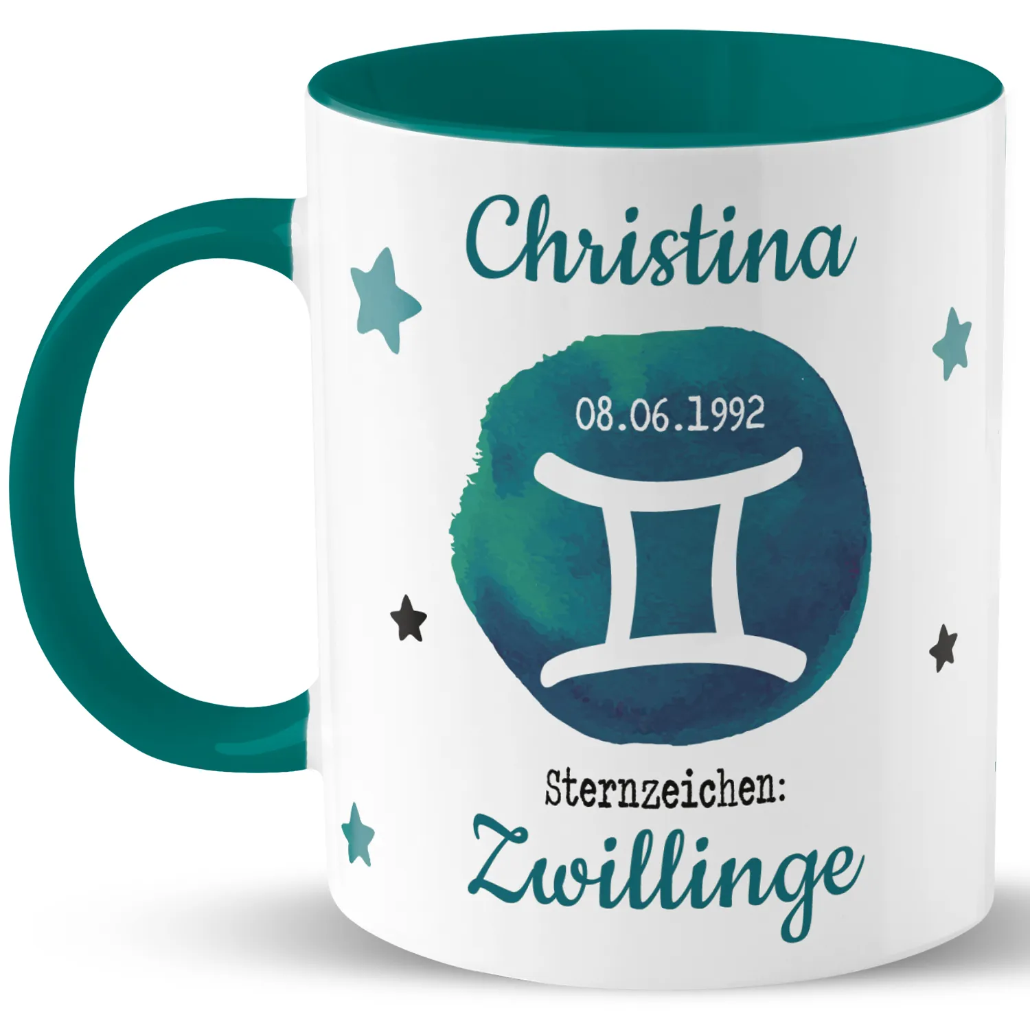 Weiße Porzellan-Tasse mit Name Christina und Sternzeichen Zwillinge im teal-Design