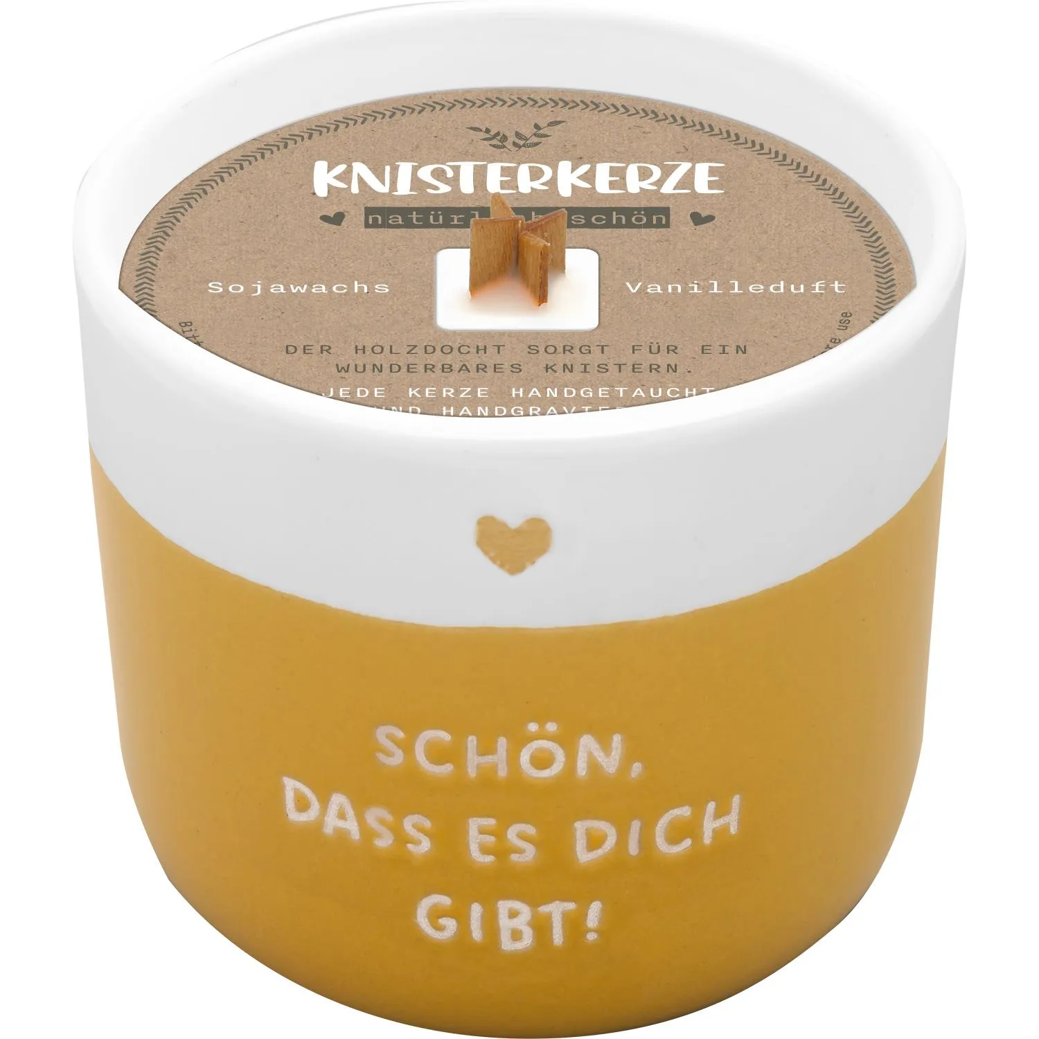 Knisterkerze in senfgelbem Steinzeugbecher mit Herzmotiv und Schriftzug