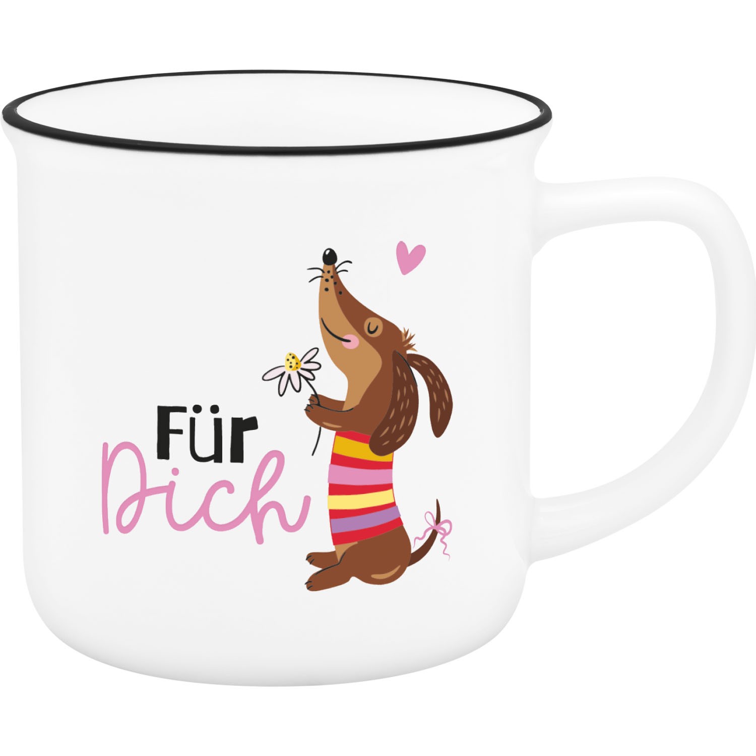 Weiße Porzellan-Tasse mit Dackel-Motiv und Schriftzug 'Für Dich' in Pastellfarben