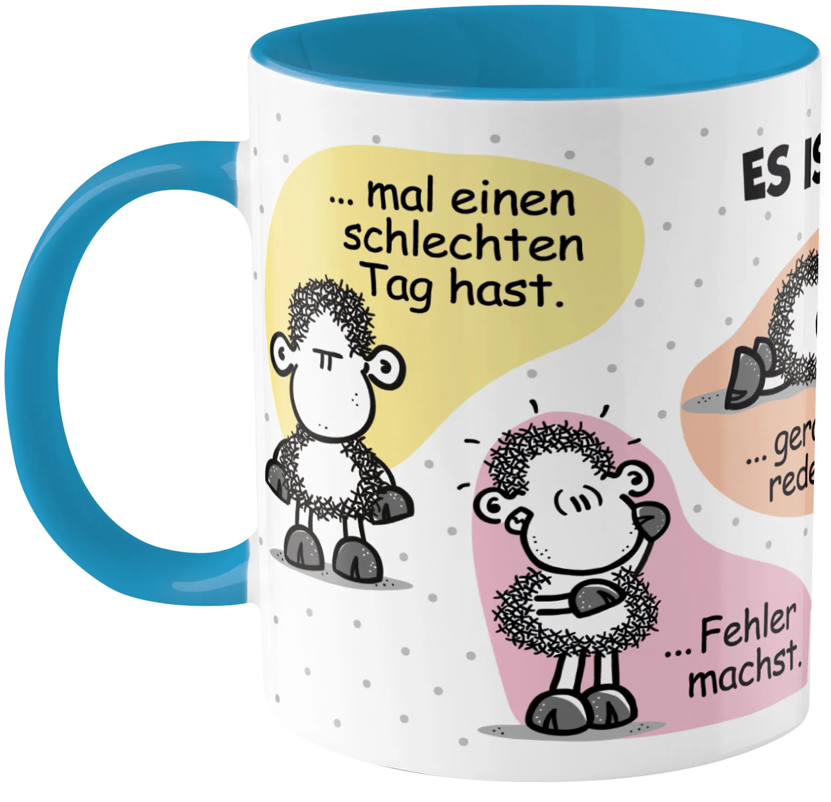 Weiße Porzellan-Tasse mit blauem Henkel/Innenraum, Schaf-Motive und Sprüchen.