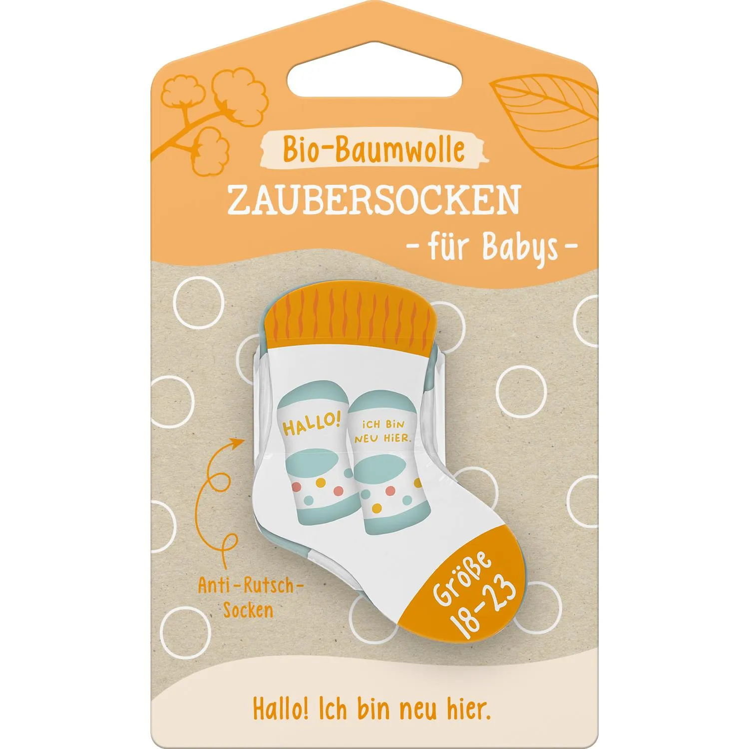 Zaubersocken aus Bio-Baumwolle für Babys, Anti-Rutsch-Sohle, Größe 18-23, Motiv: Hallo! Ich bin neu hier.