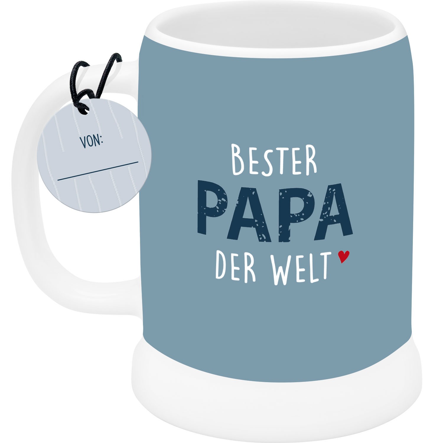 Blauer Bierkrug mit weißem Boden und Griff, Spruch 'Bester Papa der Welt' und kleinem Herz