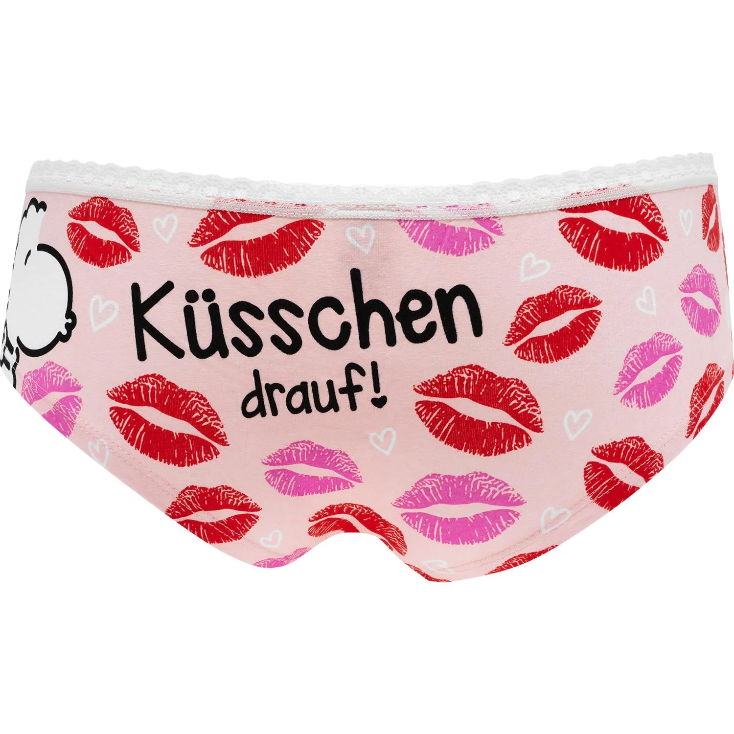 Rosa Damenunterhose mit Lippenkuss-Motiven und weißer Spitze.