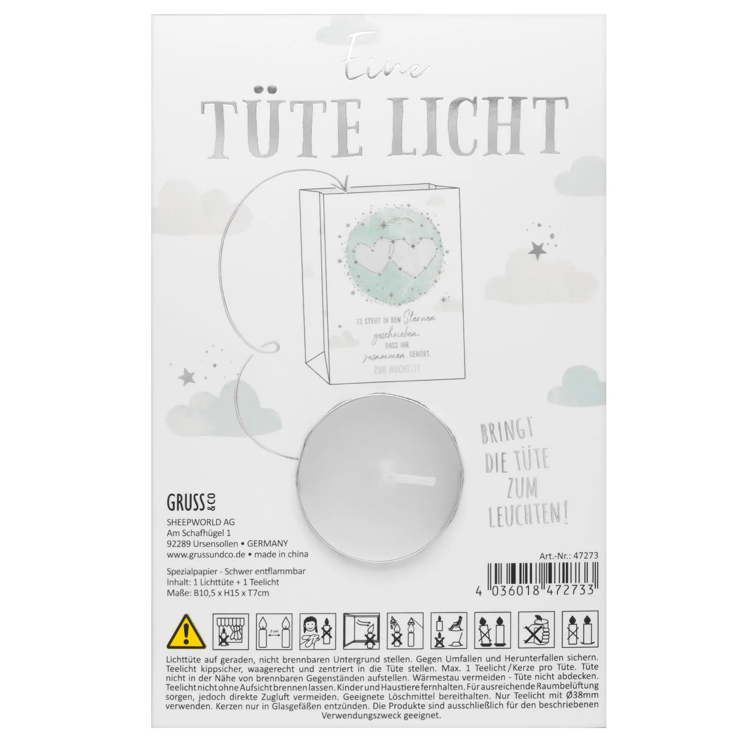 Weiße Lichttüte mit Sternenausstanz und Goldfoliendruck, inkl. Teelicht, ideal als Hochzeitsgeschenk.