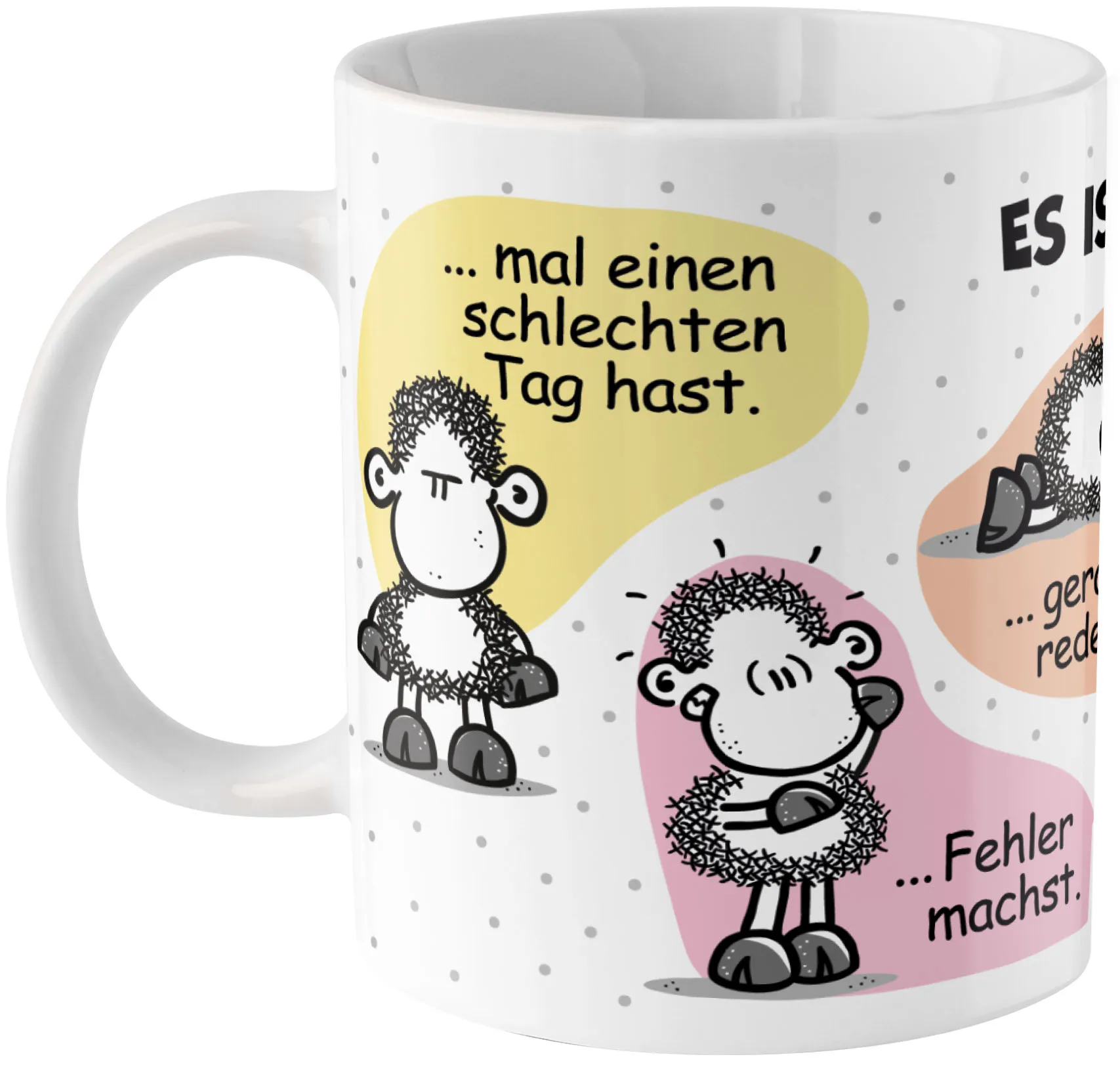 Weiße Porzellantasse mit Schäfchen-Motiven und aufmunterndem Spruch.