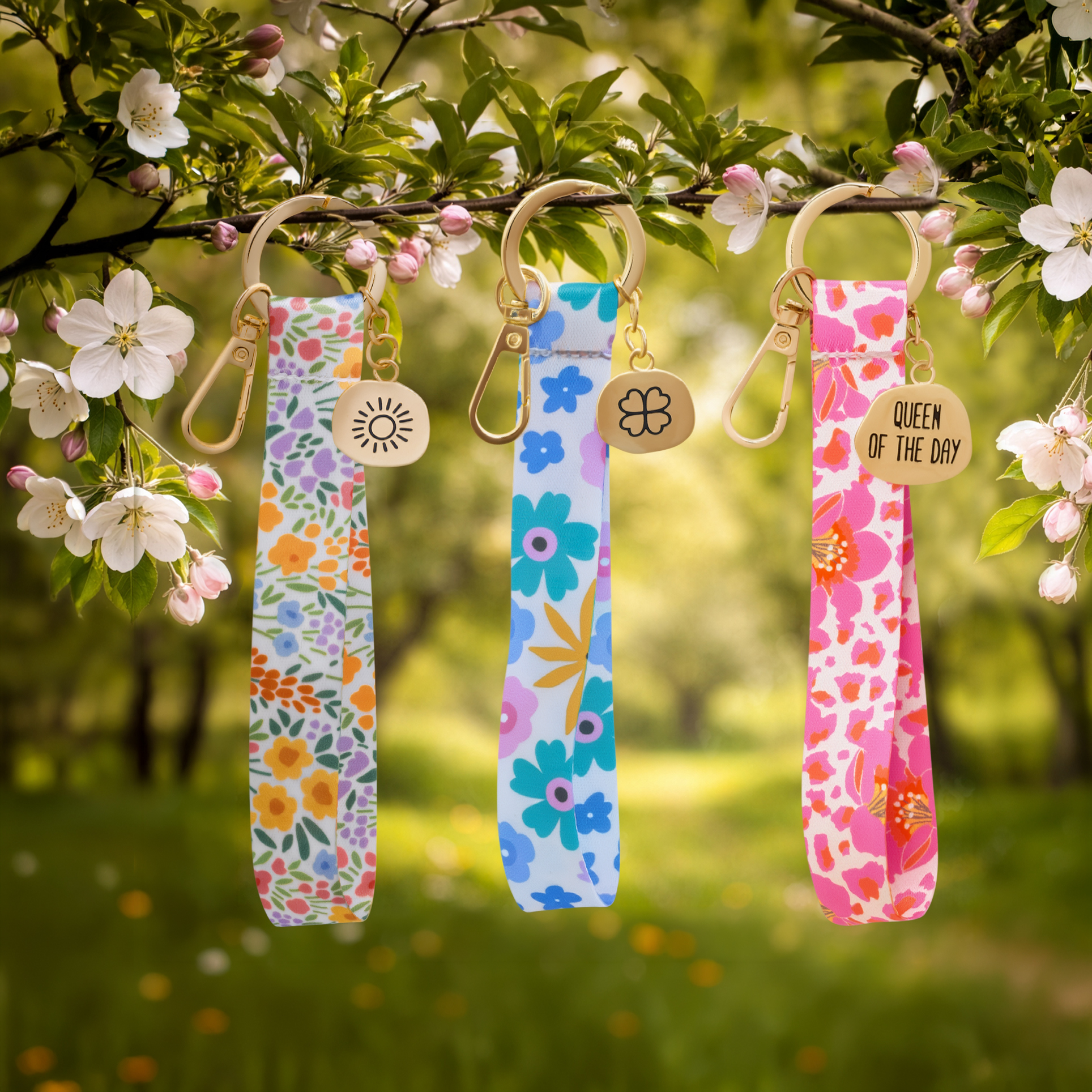 Drei bunte Schlüsselbänder mit floralen Mustern und goldenen Anhängern hängen an einem Ast.