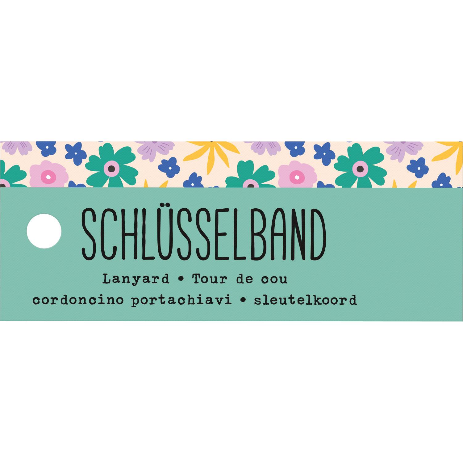 Schlüsselband mit Blumenmuster auf mintgrünem Hintergrund und goldnem Karabiner