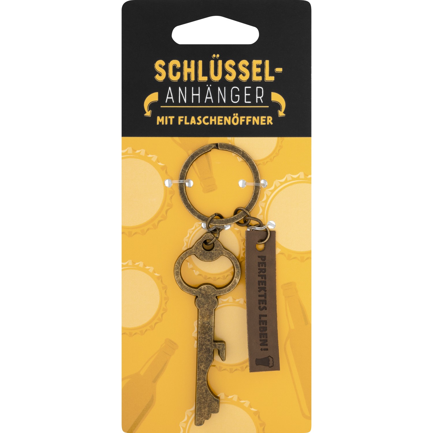 Schlüsselanhänger mit Flaschenöffner, bronze-finish, Lederanhänger
