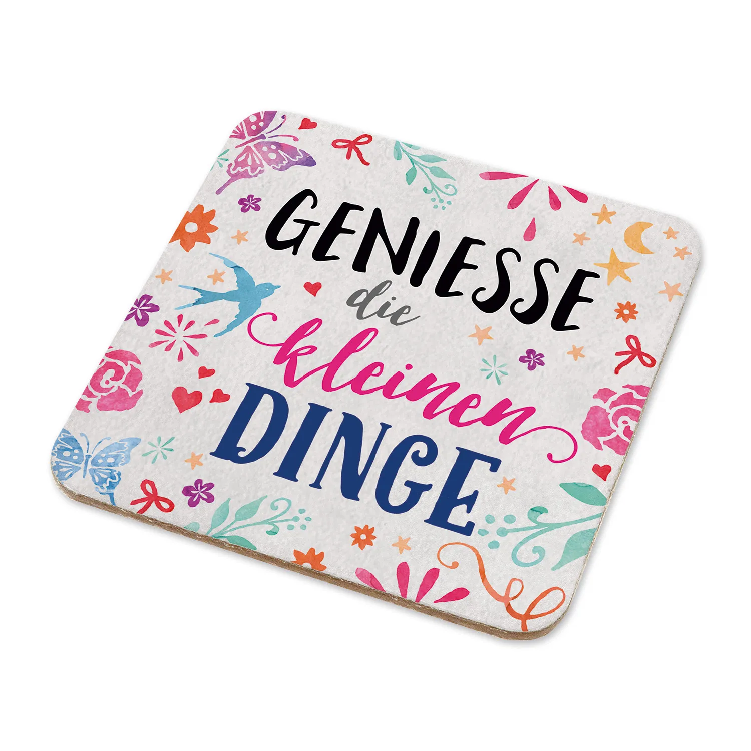 Untersetzer aus MDF/Kork mit buntem Blumen-Design und Spruch 'Geniesse die kleinen Dinge'