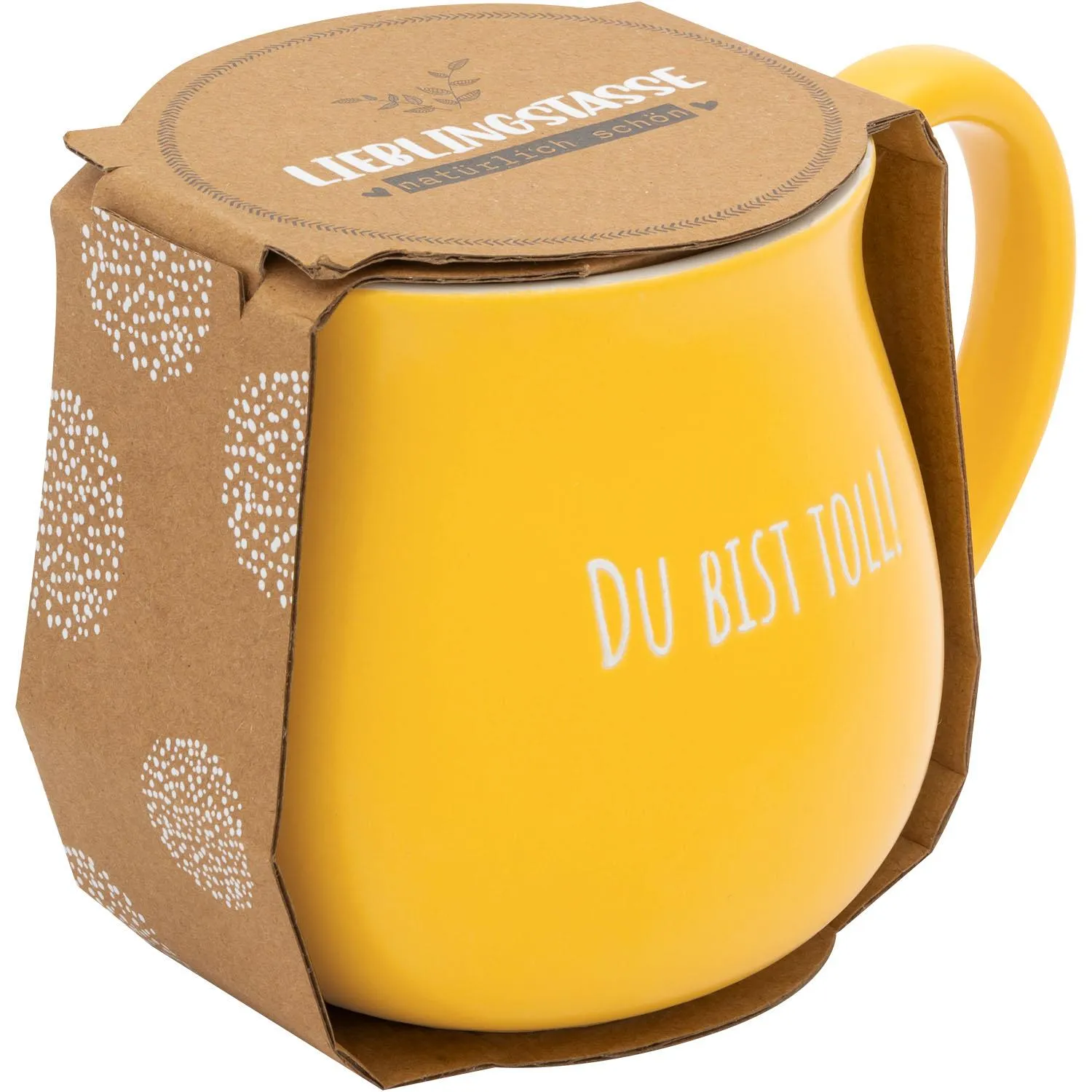 Gelbe bauchige Steingut-Tasse mit weißem Schriftzug 'Du bist toll!'