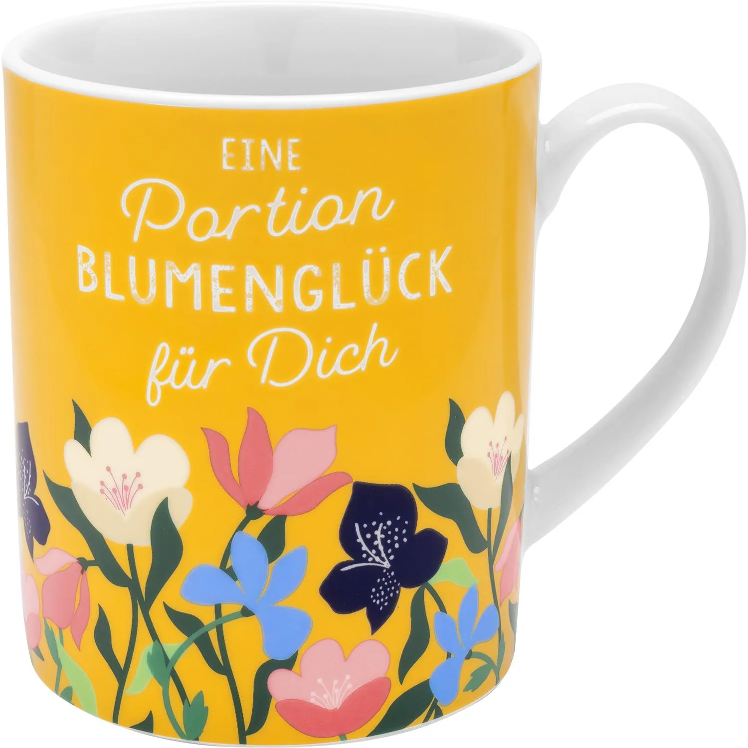 Gelbe Jumbo-Tasse mit Blumenglück-Design und weißem Henkel, Text 'Eine Portion Blumenglück für Dich'.
