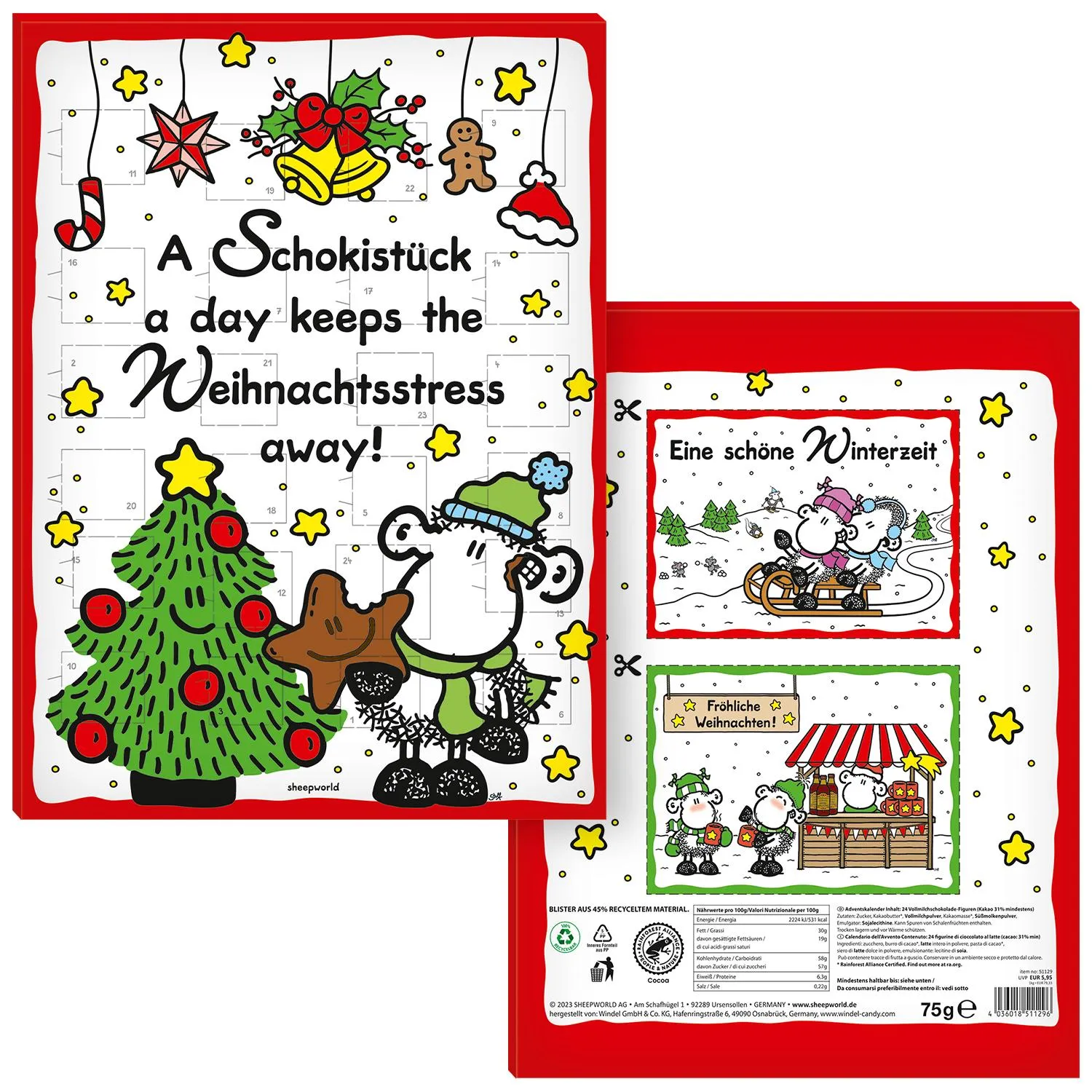 Roter Adventskalender mit Schäfchen-Motiven und weihnachtlichen Elementen