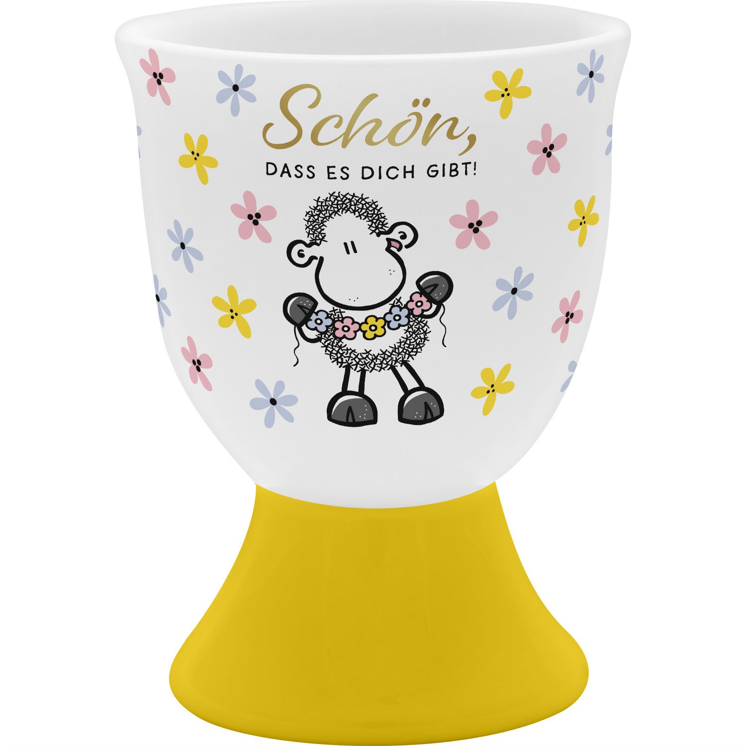 Weißer Eierbecher mit gelbem Fuß und Schäfchen-Motiv in Pastellblumen