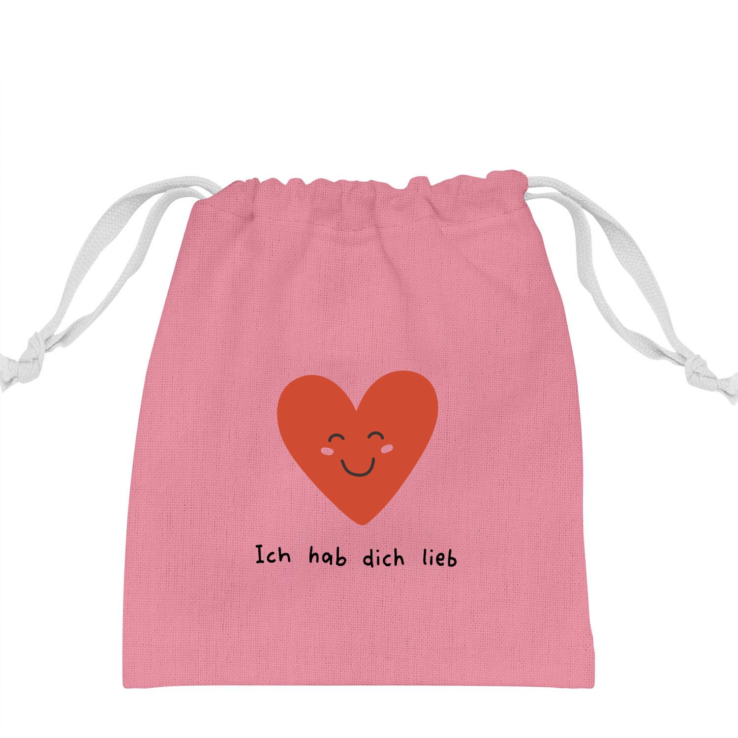 Rosa Geschenksäckchen mit Herzmotiv und dem Spruch 'Ich hab dich lieb'