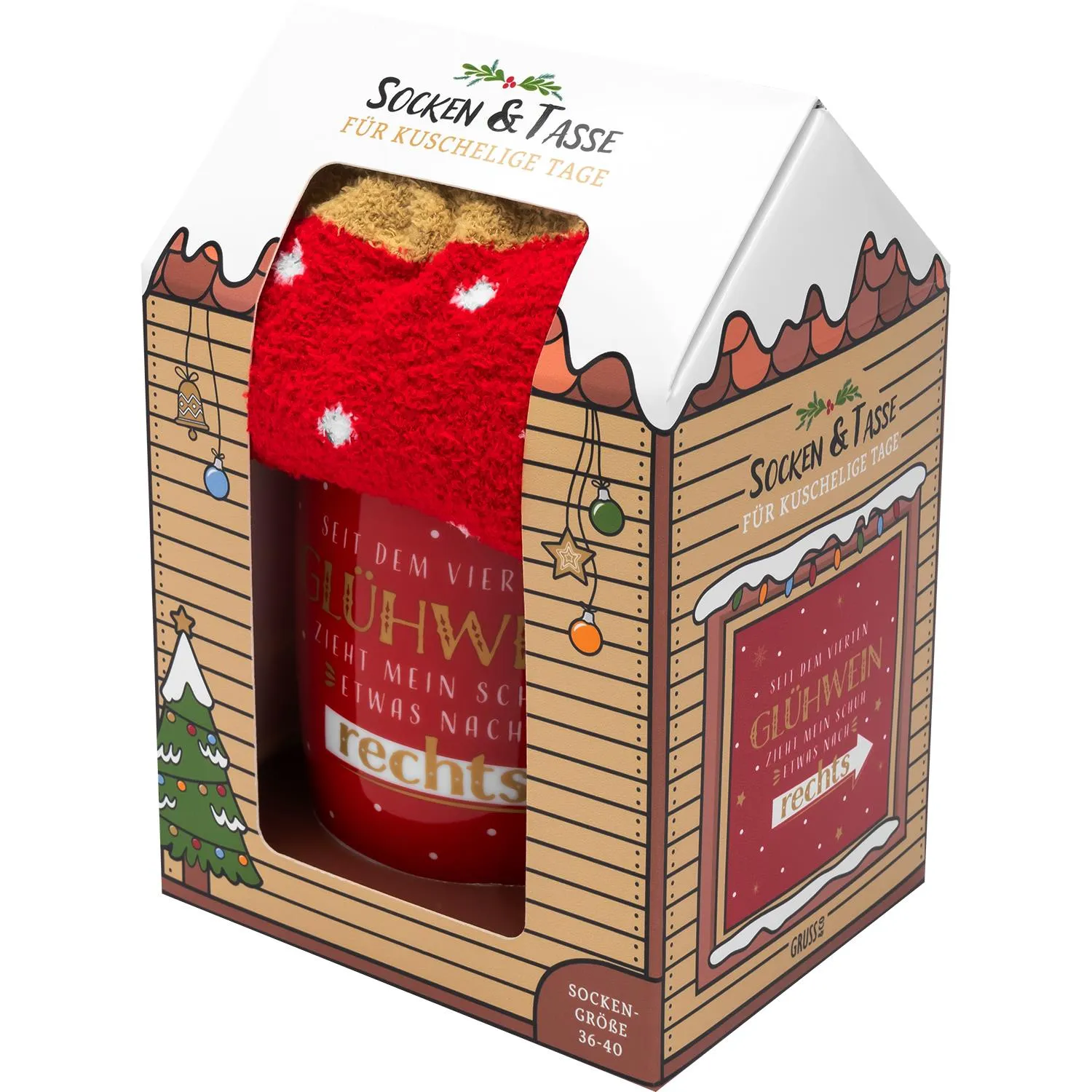 Weihnachtliches Socken- und Tassen-Geschenkset in rotem Porzellan mit Geschenkbox in Holzoptik