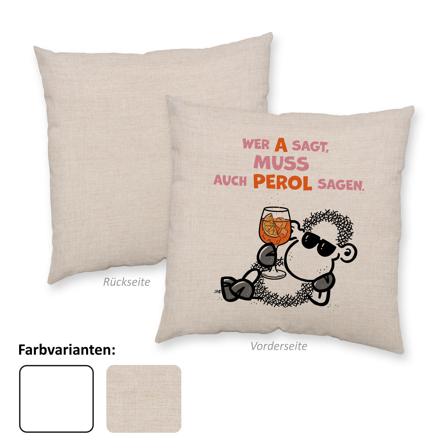 Beiges Canvas-Kissen mit Schaf-Illustration und Spruchdruck