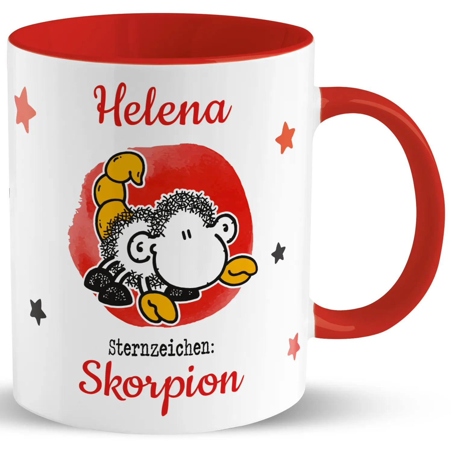 Personalisierte Porzellan-Tasse mit Namen Helena, Sternzeichen Skorpion, roter Innenraum.