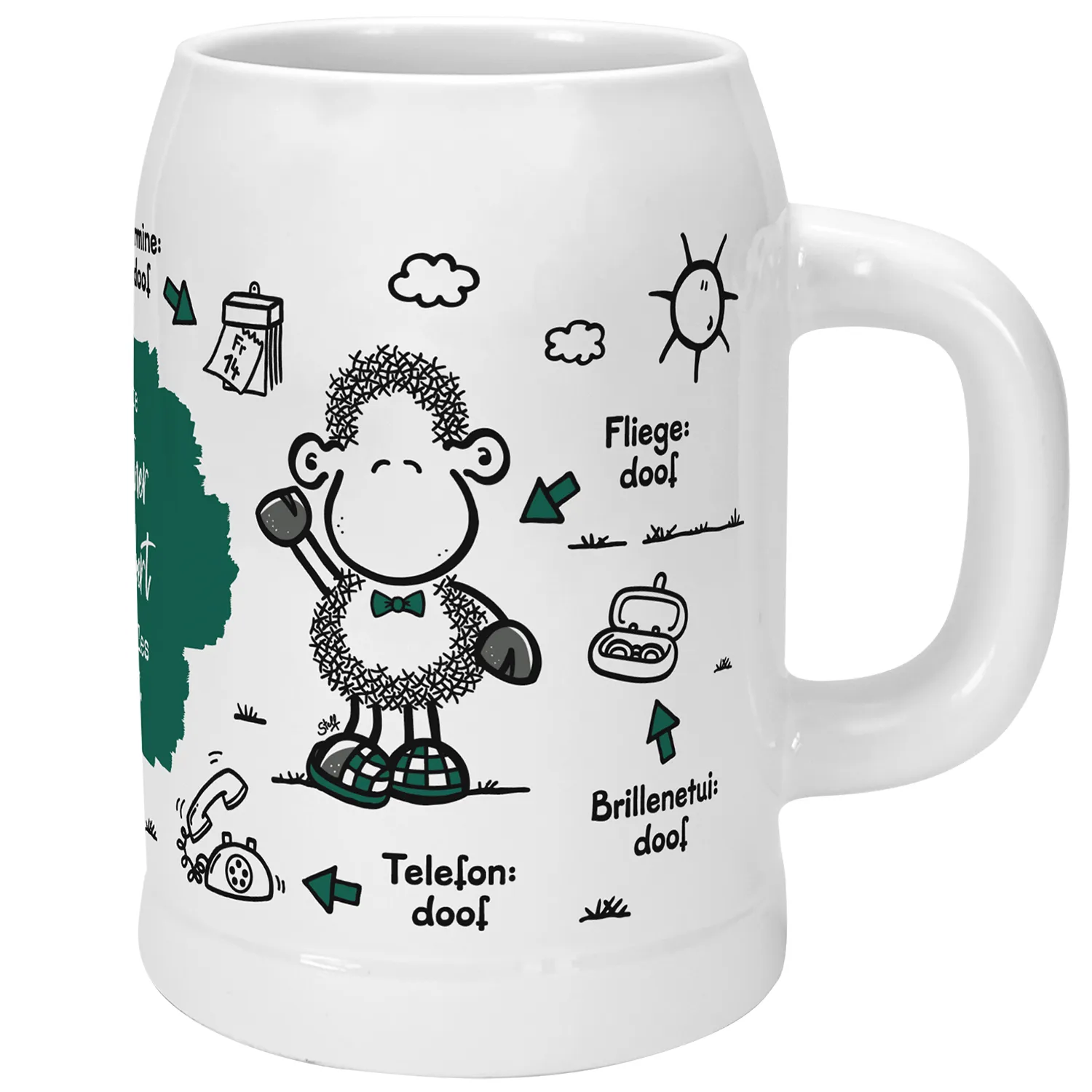 Personalisierter Keramik-Bierkrug mit Schäfchen-Doodle und Spruch, weiß