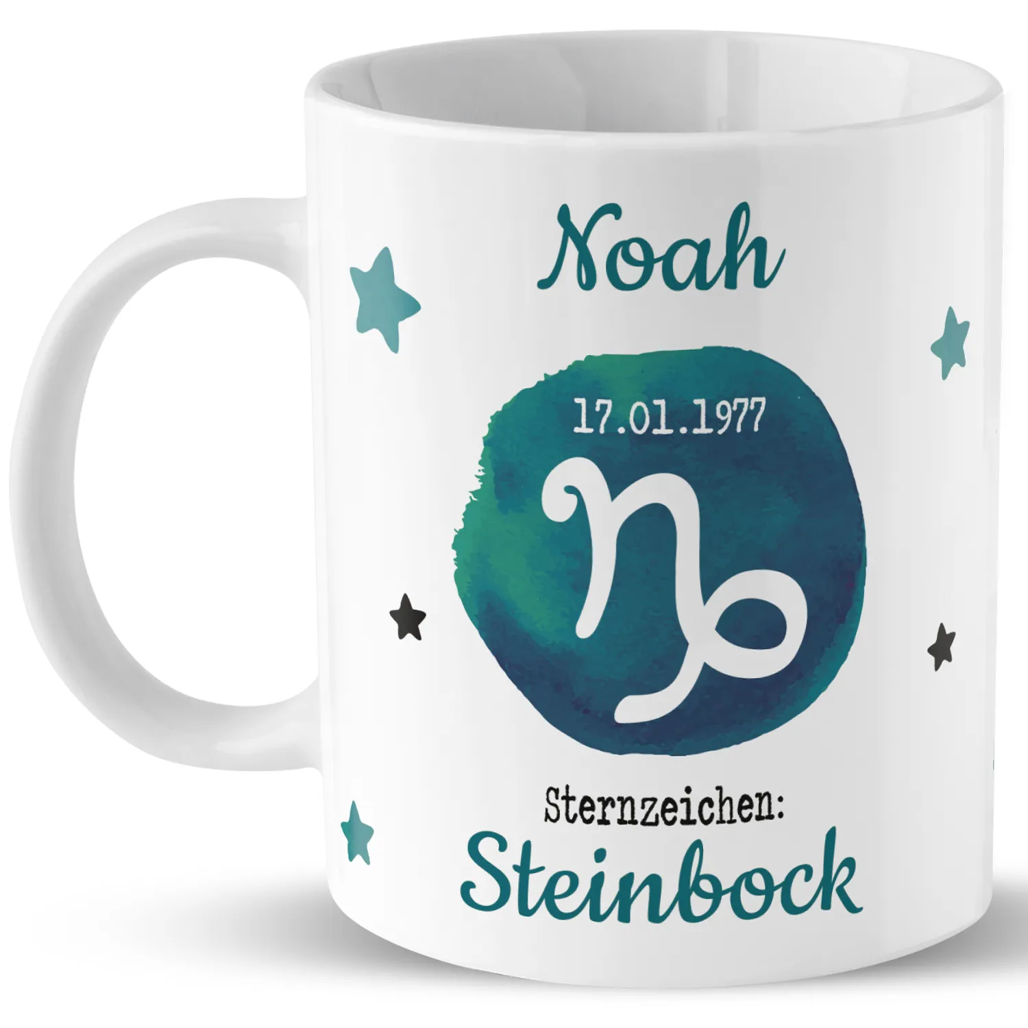 Tasse mit Sternzeichen »Steinbock«, mit Namen und Geburtsdatum, weiß, personalisiert
