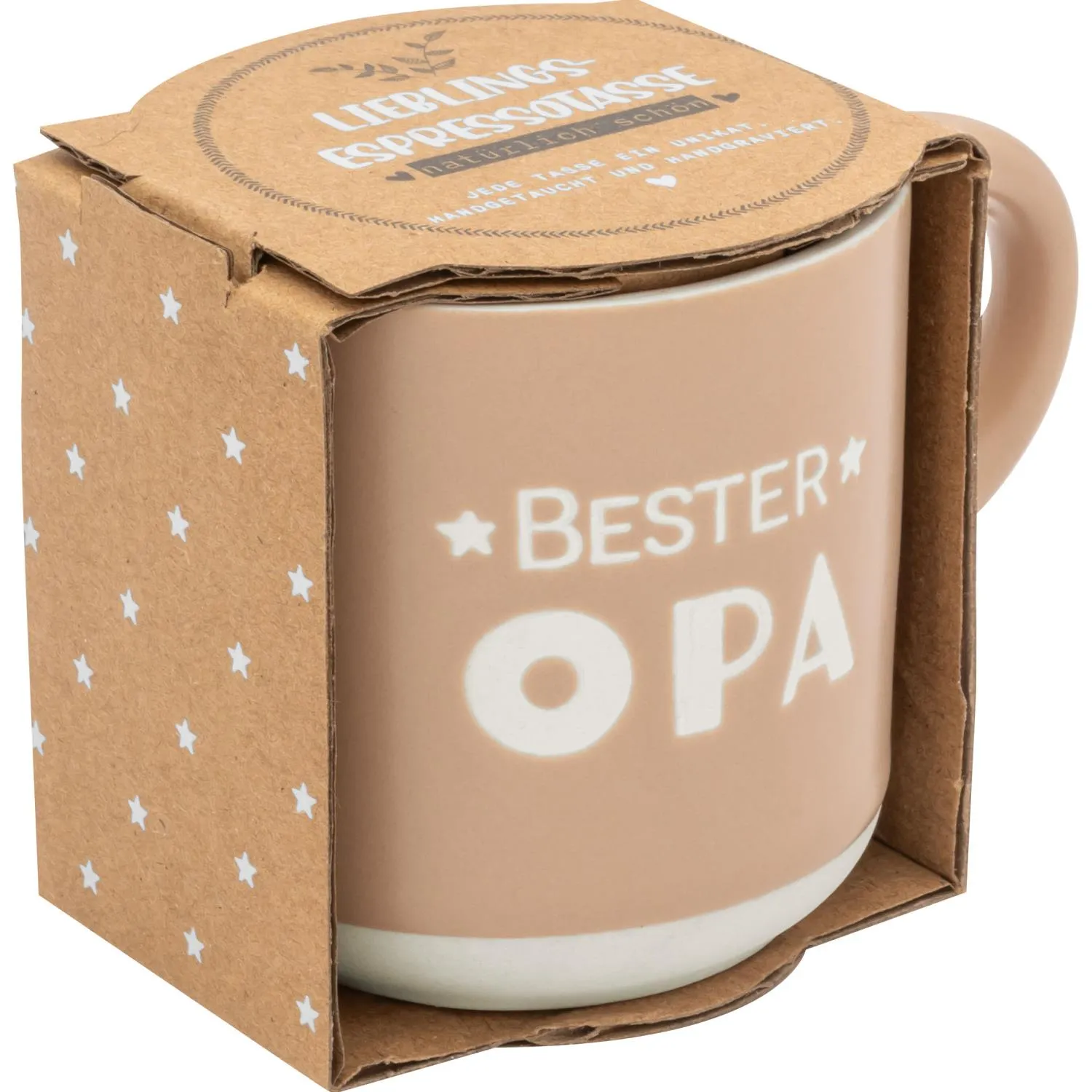 Beige Espressotasse mit 'Bester Opa' Aufdruck in Geschenkverpackung.