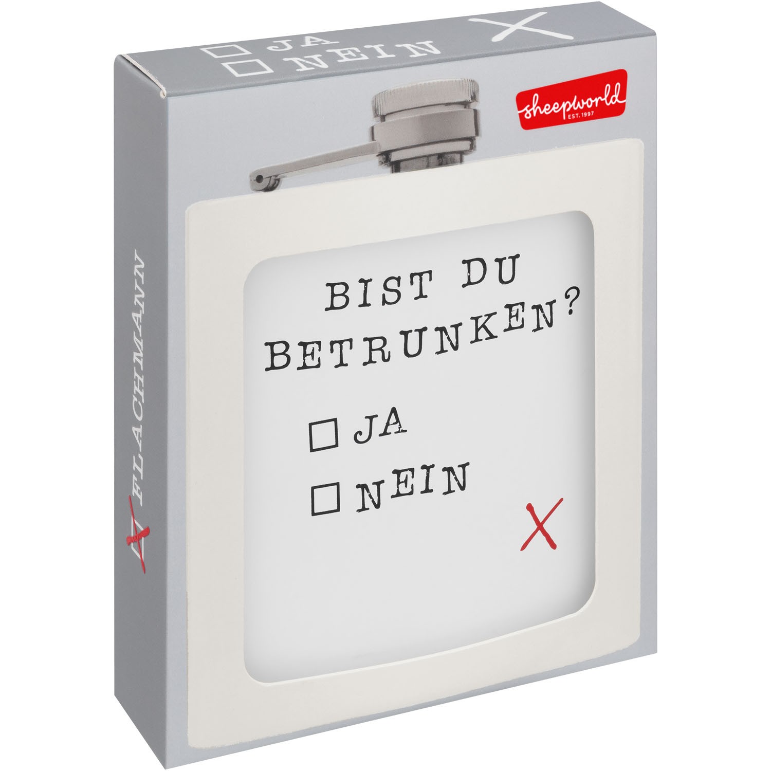 Flachmann aus Edelstahl in Geschenkverpackung mit dem Spruch 'BIST DU BETRUNKEN?'.