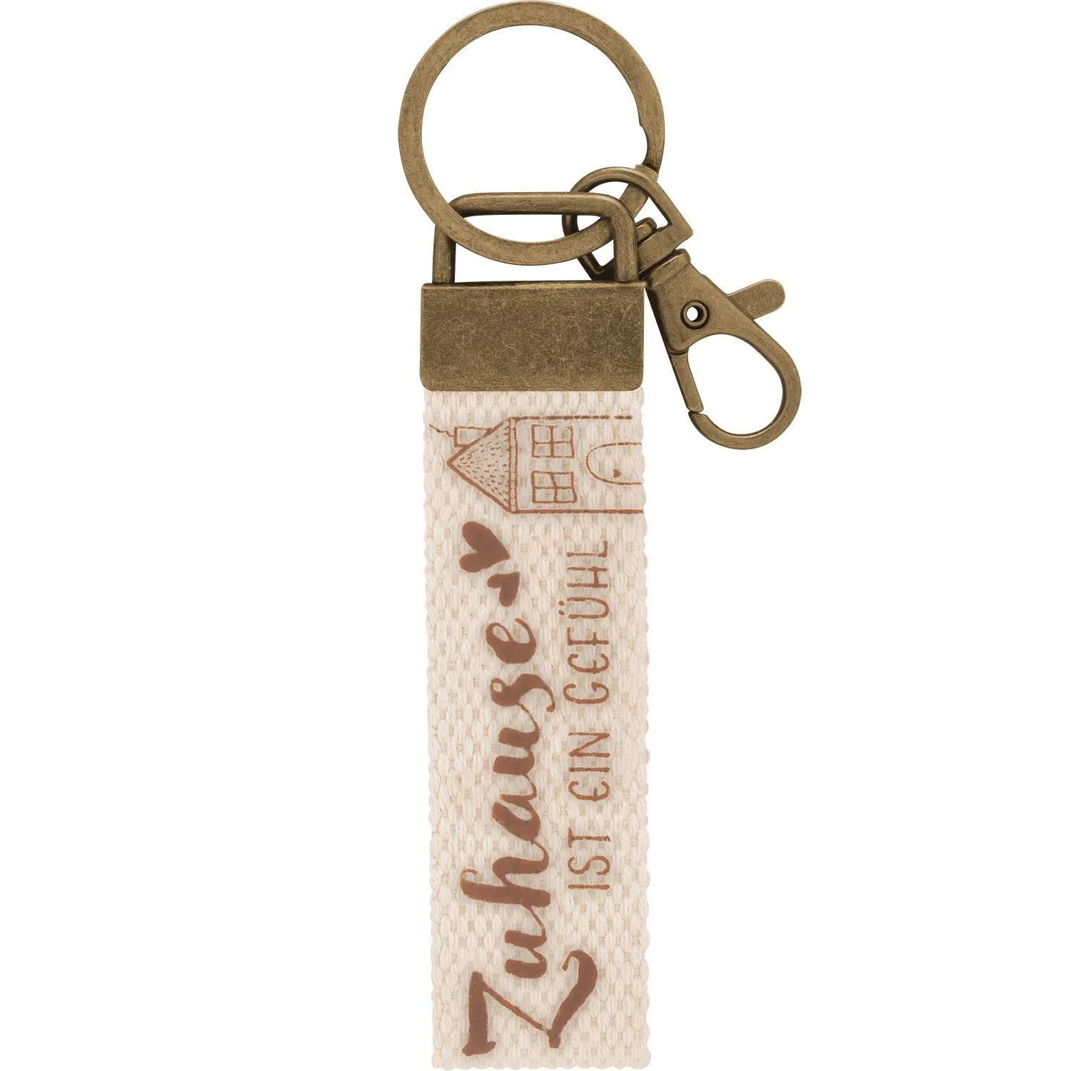 Beigefarbener Canvas-Schlüsselanhänger mit Hausmotiv und Schriftzug Zuhause ist ein Gefühl.