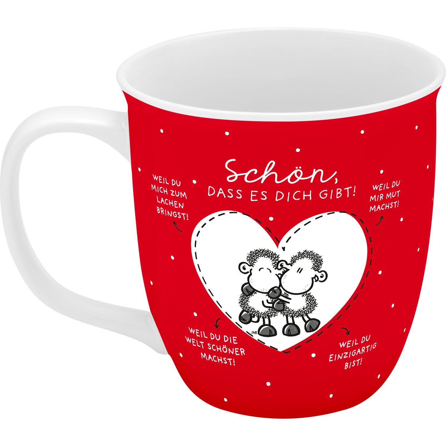 Rote Porzellan-Tasse mit Herzmotiv und zwei Schafen, Spruch 'Schön, dass es dich gibt!'