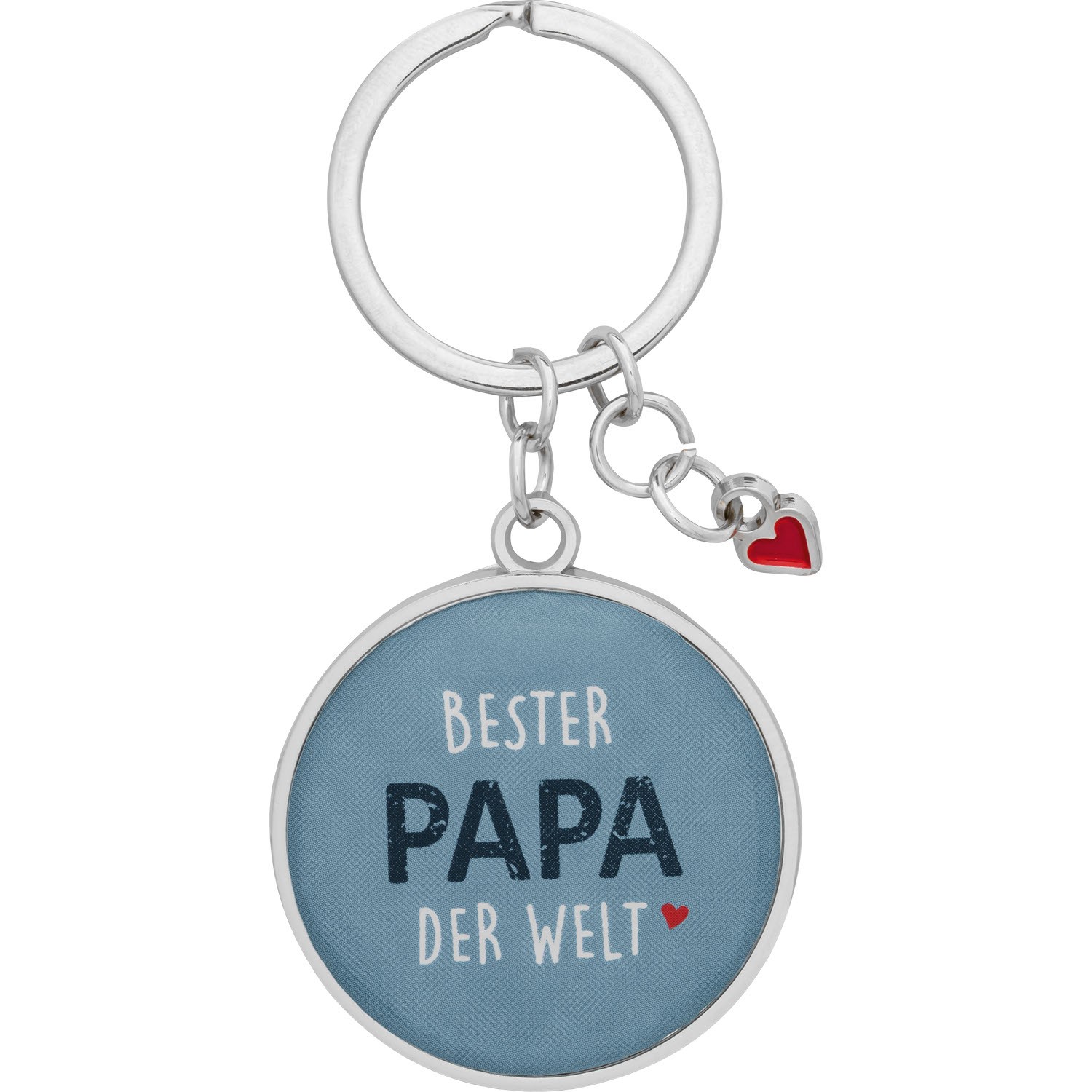 Runder blauer Schlüsselanhänger mit Schriftzug BESTER PAPA DER WELT und kleinem roten Herz.
