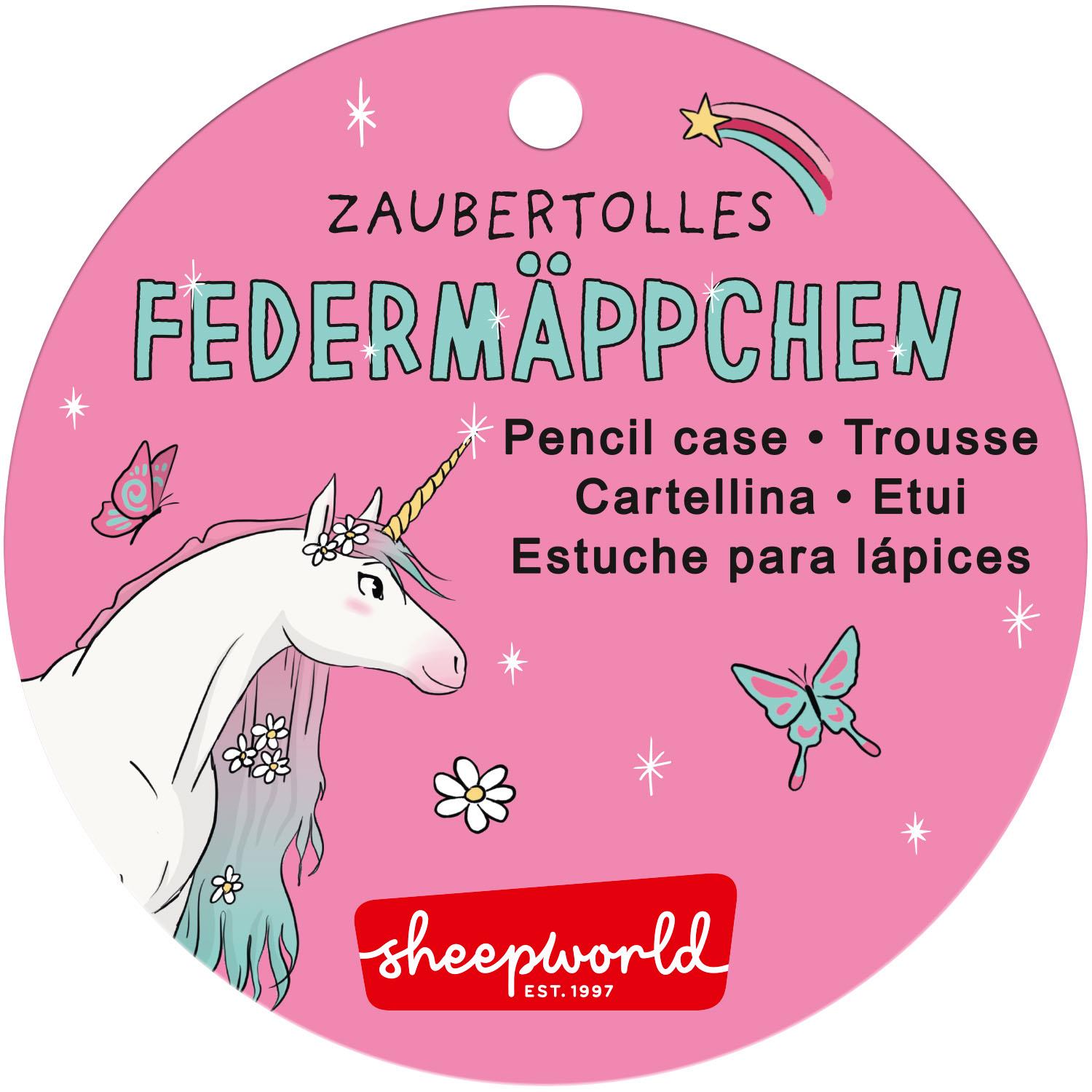 Rundes pinkes Federmäppchen-Label mit Einhorn-Zauber-Motiv, Blumen und Schmetterlingen