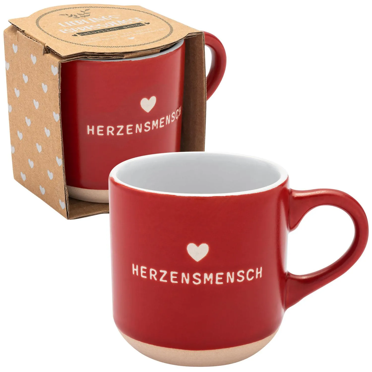 Rote Espressotasse aus Steinzeug mit weißer Innenfläche und Gravur Herzensmensch