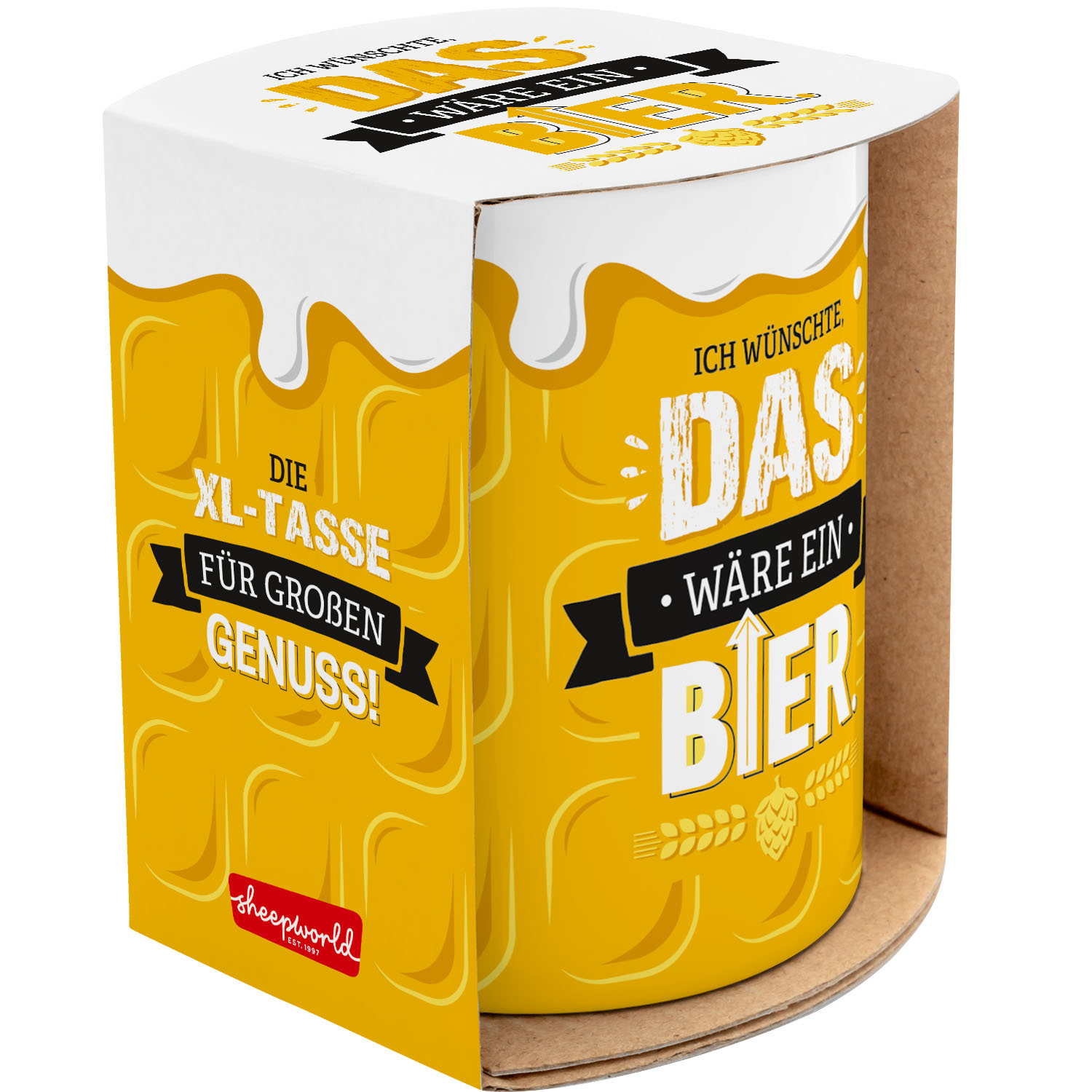 XL-Tasse aus Porzellan in Gelb mit Spruch 'Ich wünsche, das wäre ein Bier'