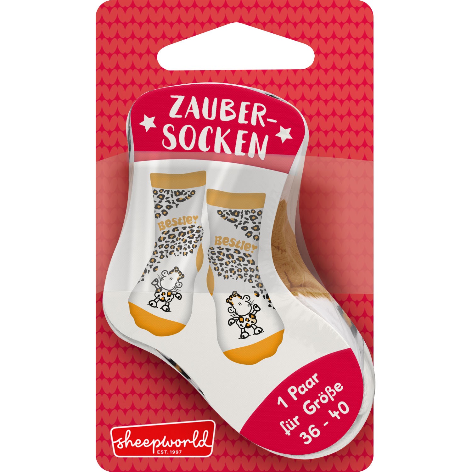 Weißes Zaubersocken-Paar mit Leopardenmuster und Bestie!-Schrift; rotes Sheepworld-Packaging