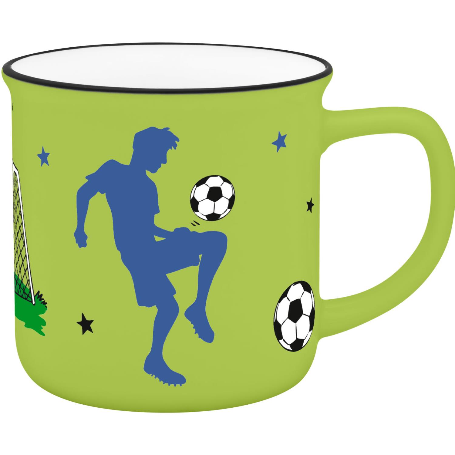 Grüner Trinkbecher mit blauer Fußball-Silhouette und Bällen