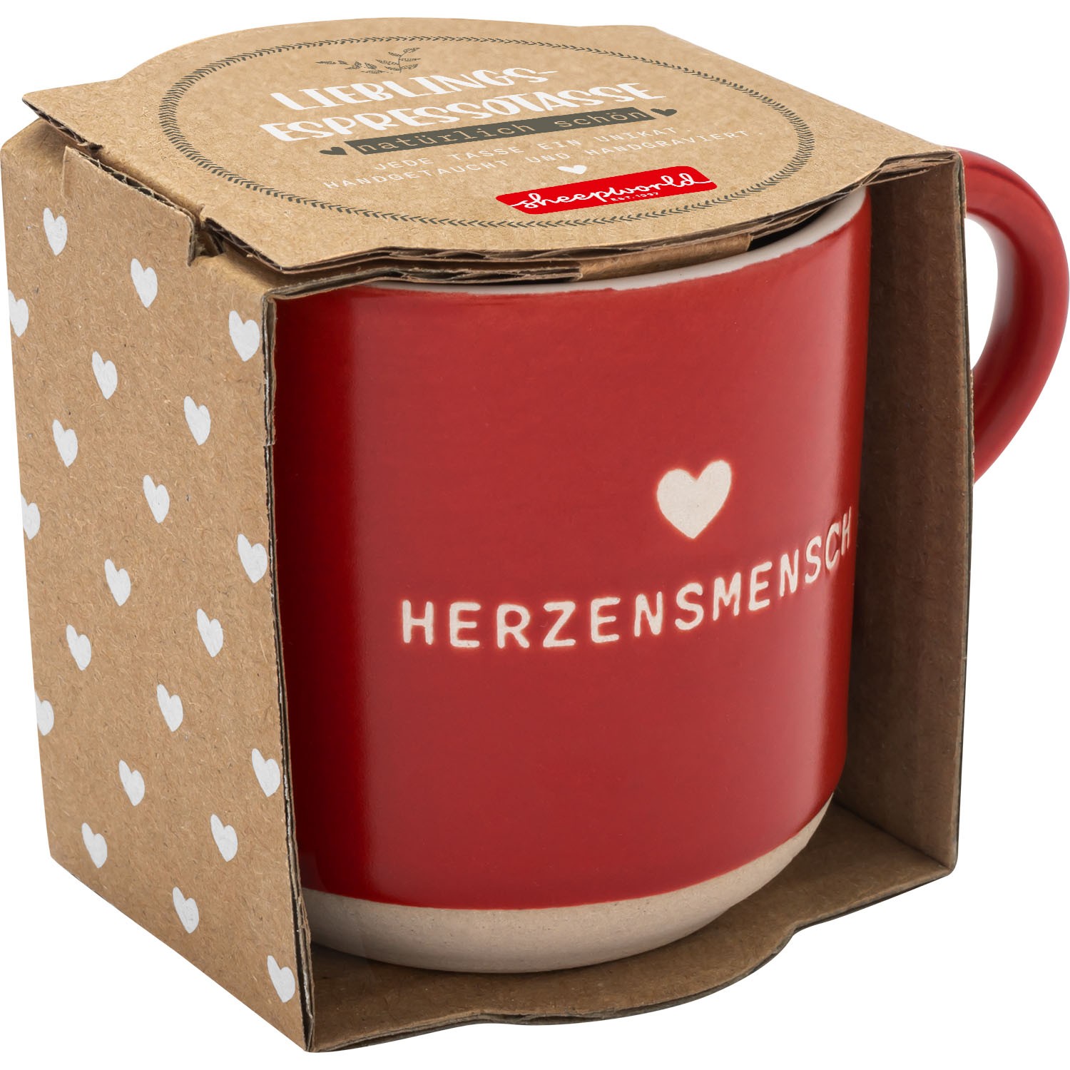 Rote Espressotasse mit weißem Herz und Gravur 'HERZENSMENSCH'