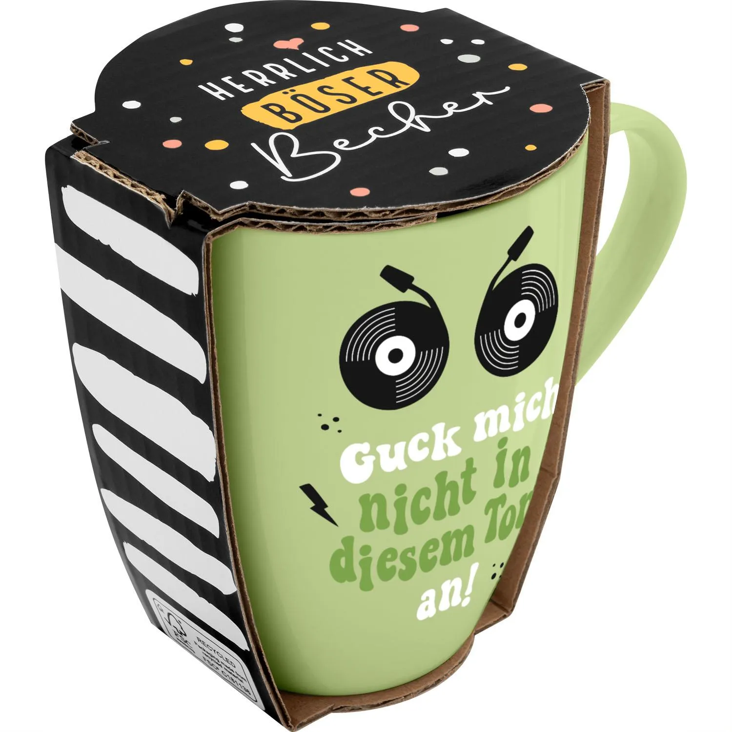 Grüner Keramikbecher mit Spruch 'Guck mich nicht in diesem Ton an!', schwarzer Deckel, Geschenkverpackung